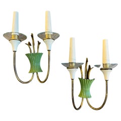 Two 1950s Mid-Century Modern Brass, Green Metal and Glass Italian Wall Sconces