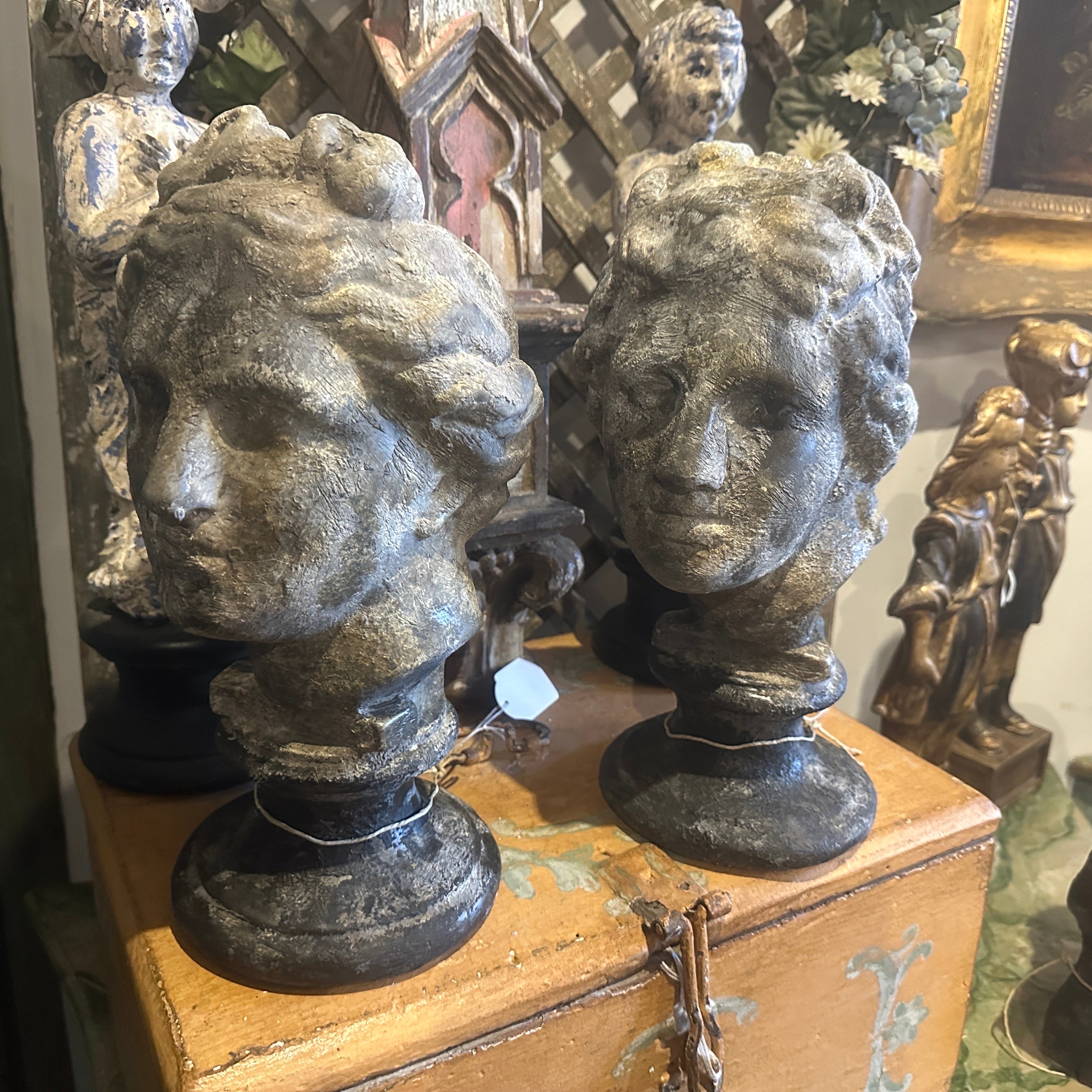 Deux bustes en plâtre d'Apollo et de Vener dei Medici provenant d'une Gipsoteca dans une académie des beaux-arts sicilienne. Les plâtres étaient patinés de différentes manières, celui-ci a été réalisé avec du noir et du gris pour ce résultat