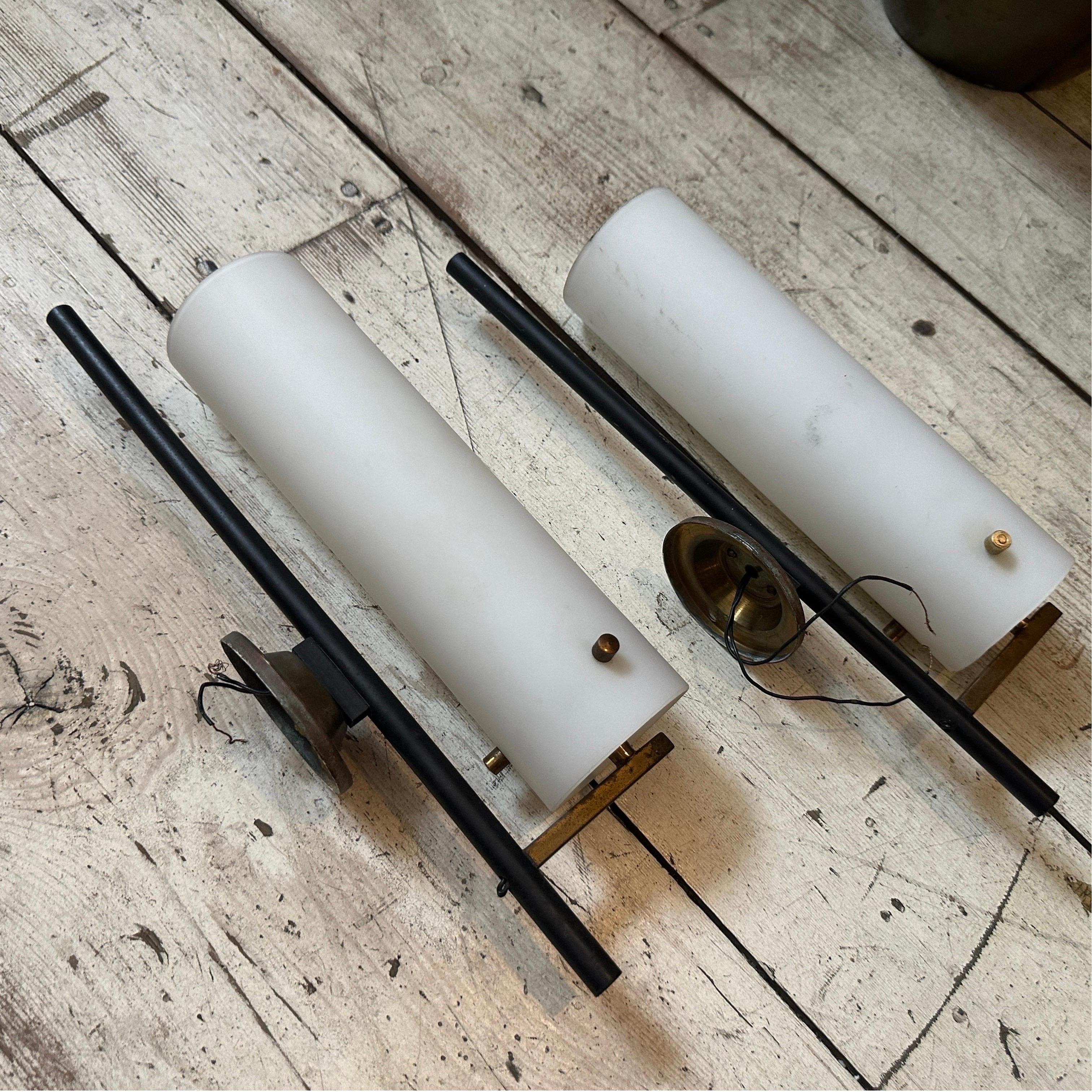 20th Century Two 1950s Stilnovo Style Mid-Century Modern Brass and Glass Italian Wall Sconces