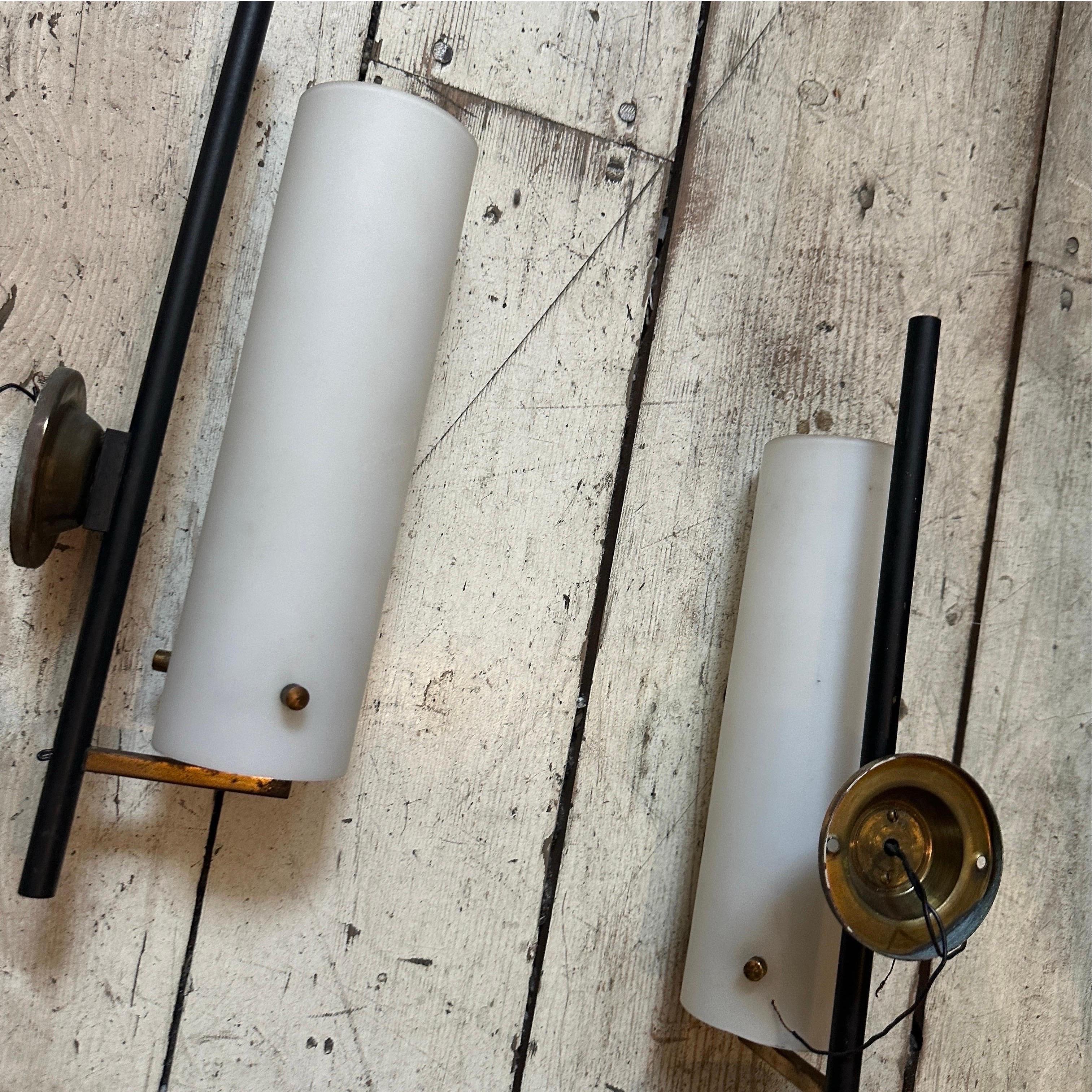 Two 1950s Stilnovo Style Mid-Century Modern Brass and Glass Italian Wall Sconces 2