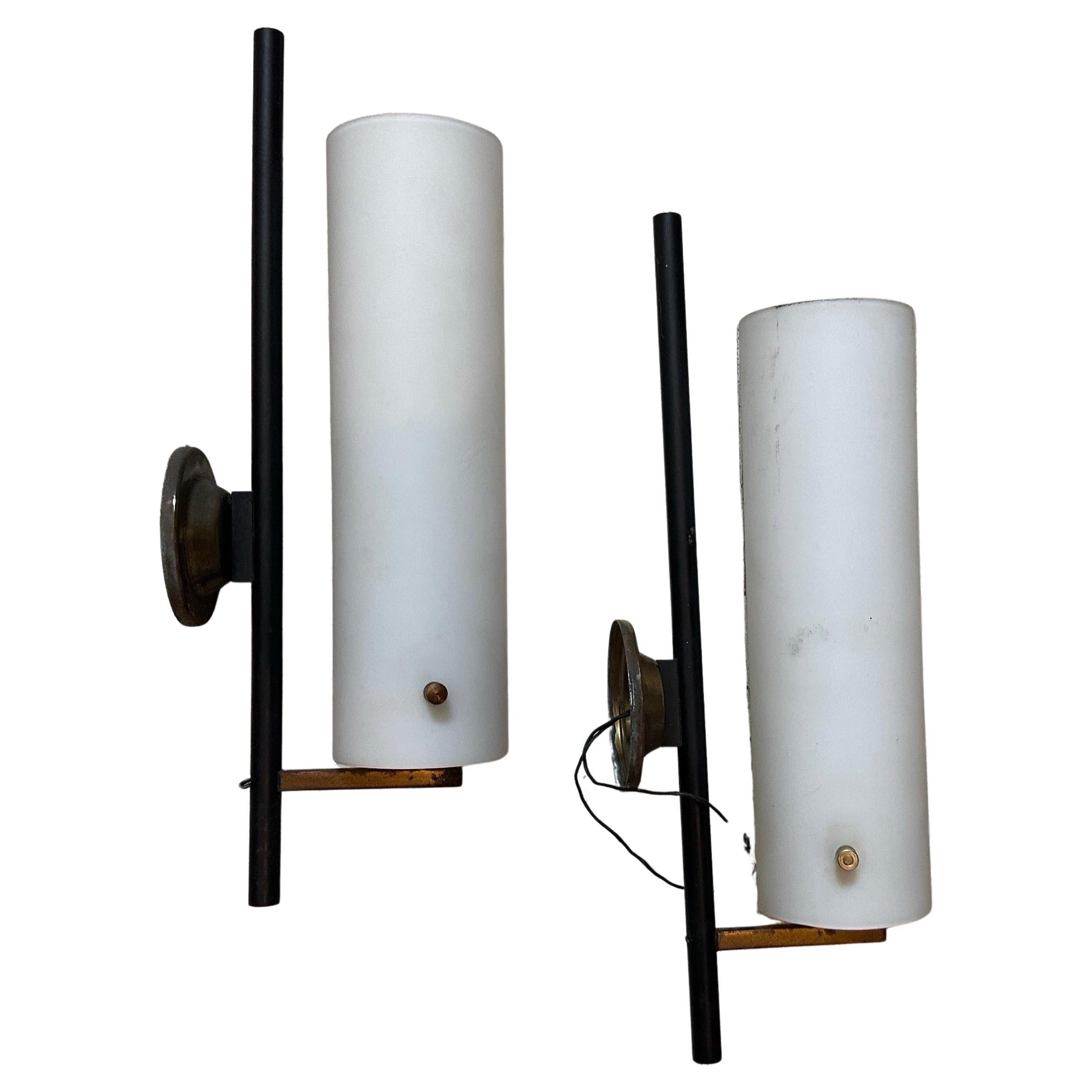 Two 1950s Stilnovo Style Mid-Century Modern Brass and Glass Italian Wall Sconces