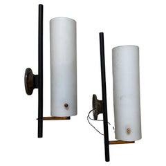 Two 1950s Stilnovo Style Mid-Century Modern Brass and Glass Italian Wall Sconces