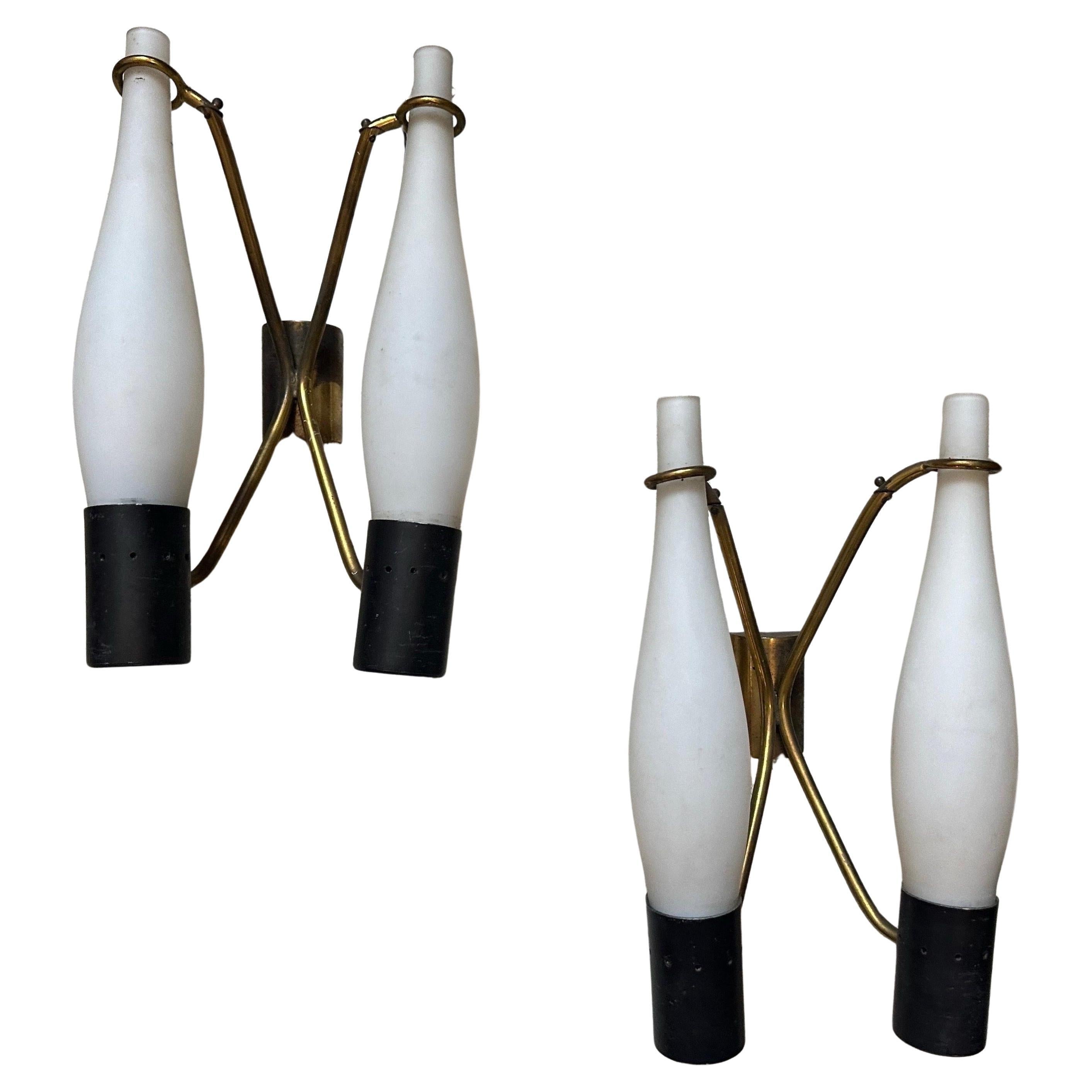 Two 1950s Stilnovo Style Mid-Century Modern Brass and Glass Wall Sconces