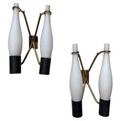 Vintage Two 1950s Stilnovo Style Mid-Century Modern Brass and Glass Wall Sconces