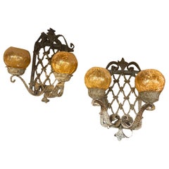 Two 1960s Brutalist Wrought Iron and Yellow Glass Italian Huge Wall Sconces
