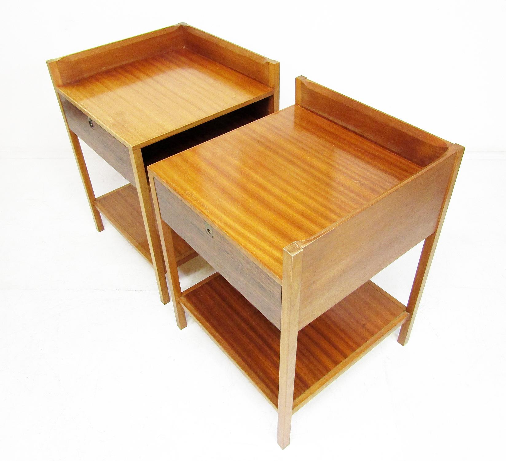 Hardwood Two 1960s Campaign Bedside Nightstands in Rosewood & Mahogany