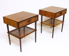 Two 1960s Danish Lamp Table Nightstands in Rosewood & Cane By Arne Hovmand Olsen