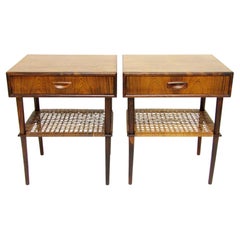 Two 1960s Danish Lamp Table Nightstands in Rosewood & Cane By Arne Hovmand Olsen