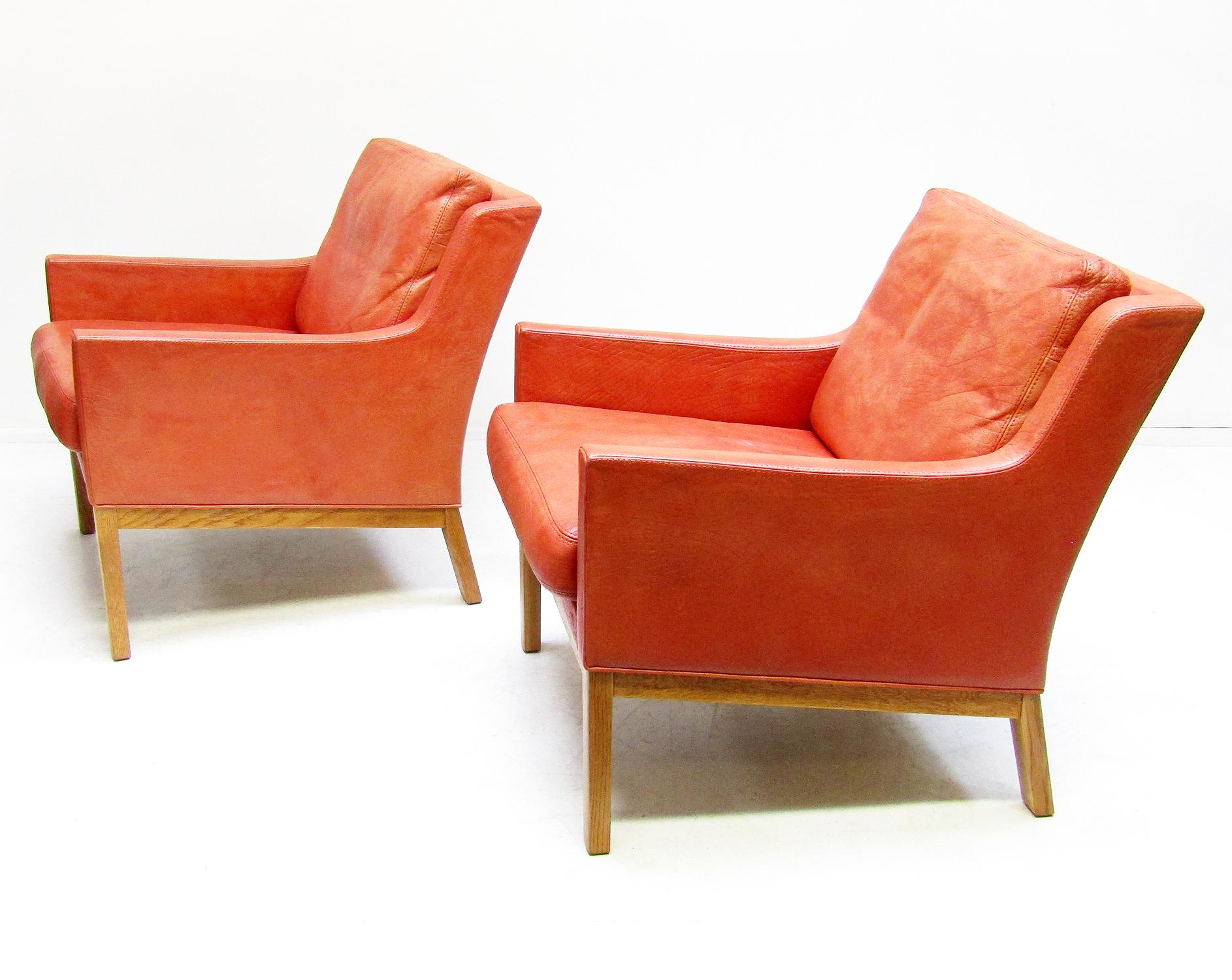 Mid-Century Modern Two 1960s Danish Lounge Chairs in Leather & Oak by Kai Lyngfeldt Larsen