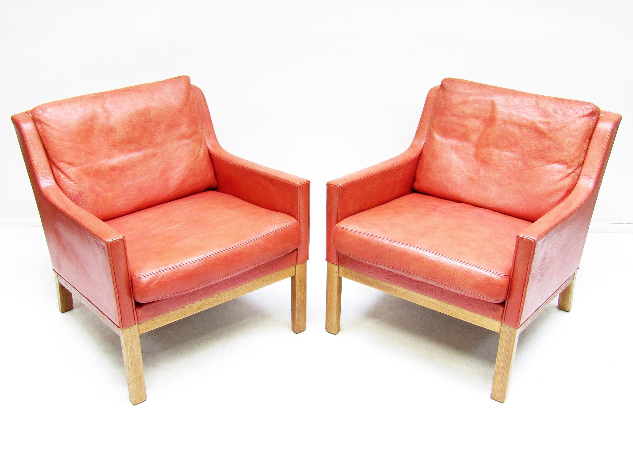 20th Century Two 1960s Danish Lounge Chairs in Leather & Oak by Kai Lyngfeldt Larsen