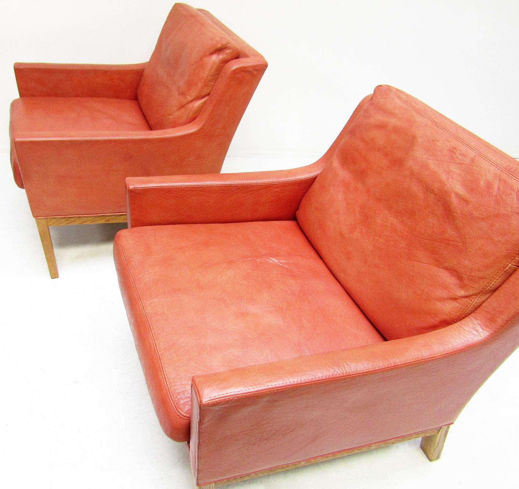 Two 1960s Danish Lounge Chairs in Leather & Oak by Kai Lyngfeldt Larsen 1