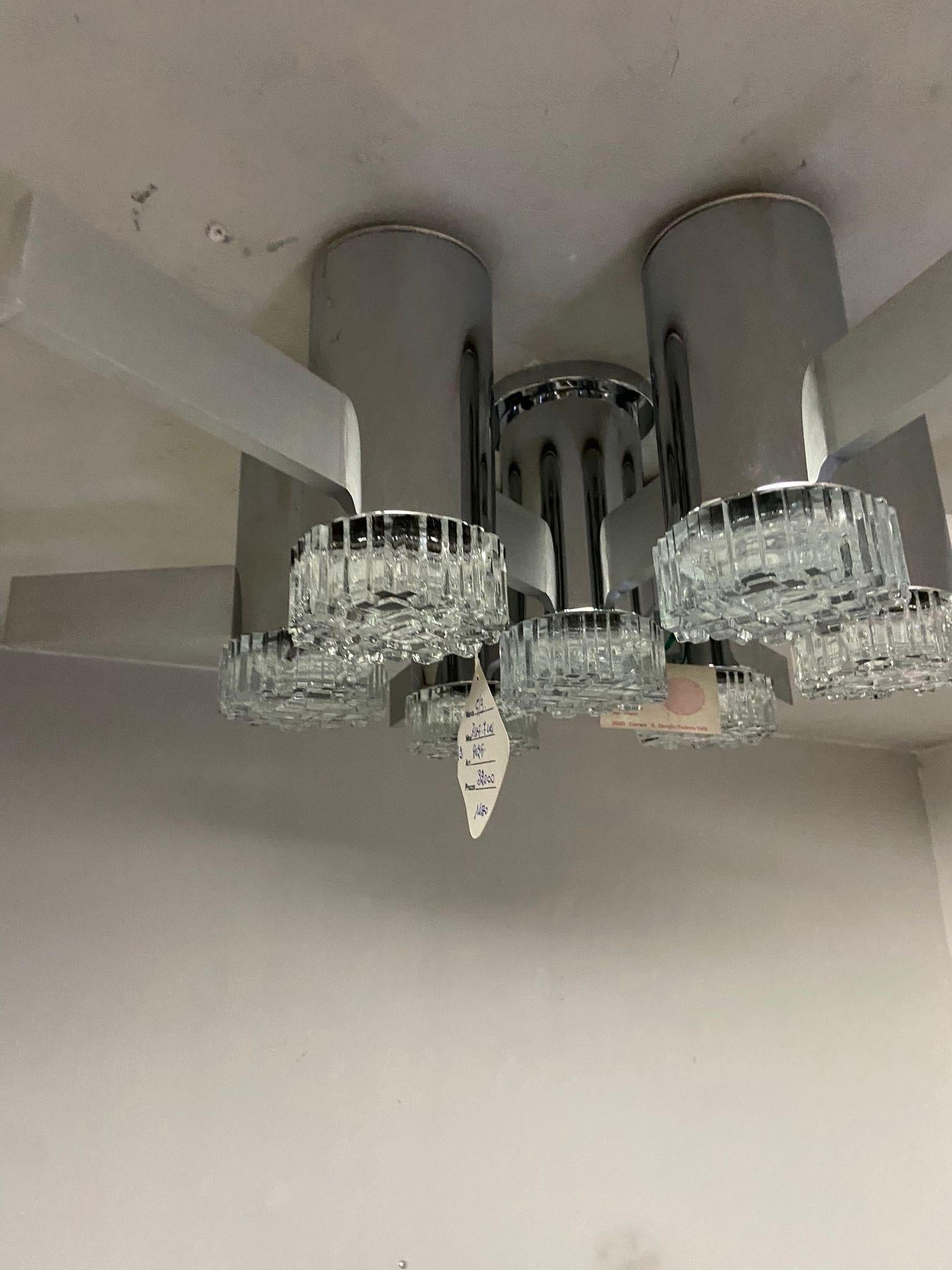 Two 1960s Gaetano Sciolari Space Age Chrome Aluminum and Glass Ceiling Lights In Excellent Condition For Sale In Aci Castello, IT