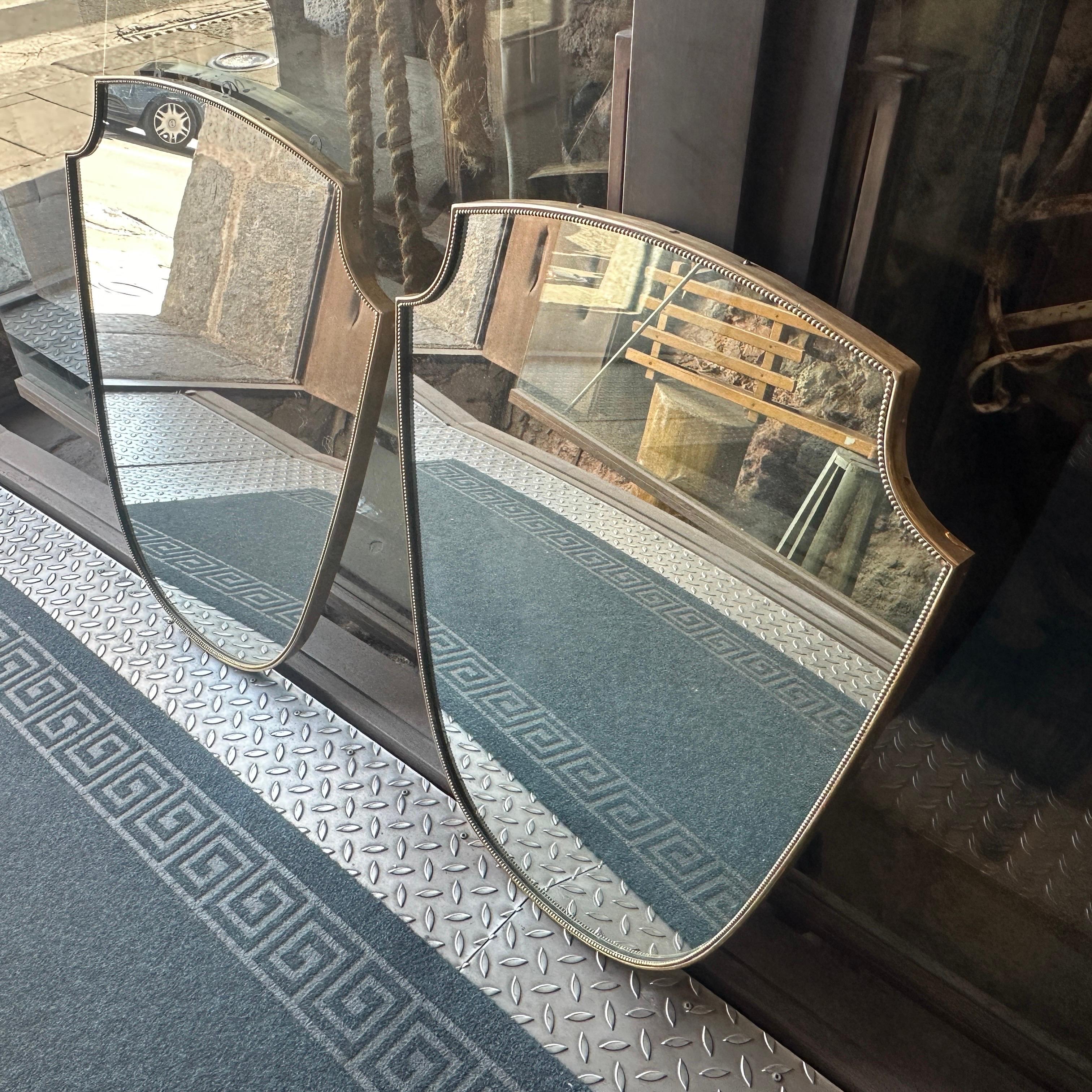 Two 1960s Gio Ponti Style Mid-Century Modern Brass Shield Shaped Italian Mirrors 2