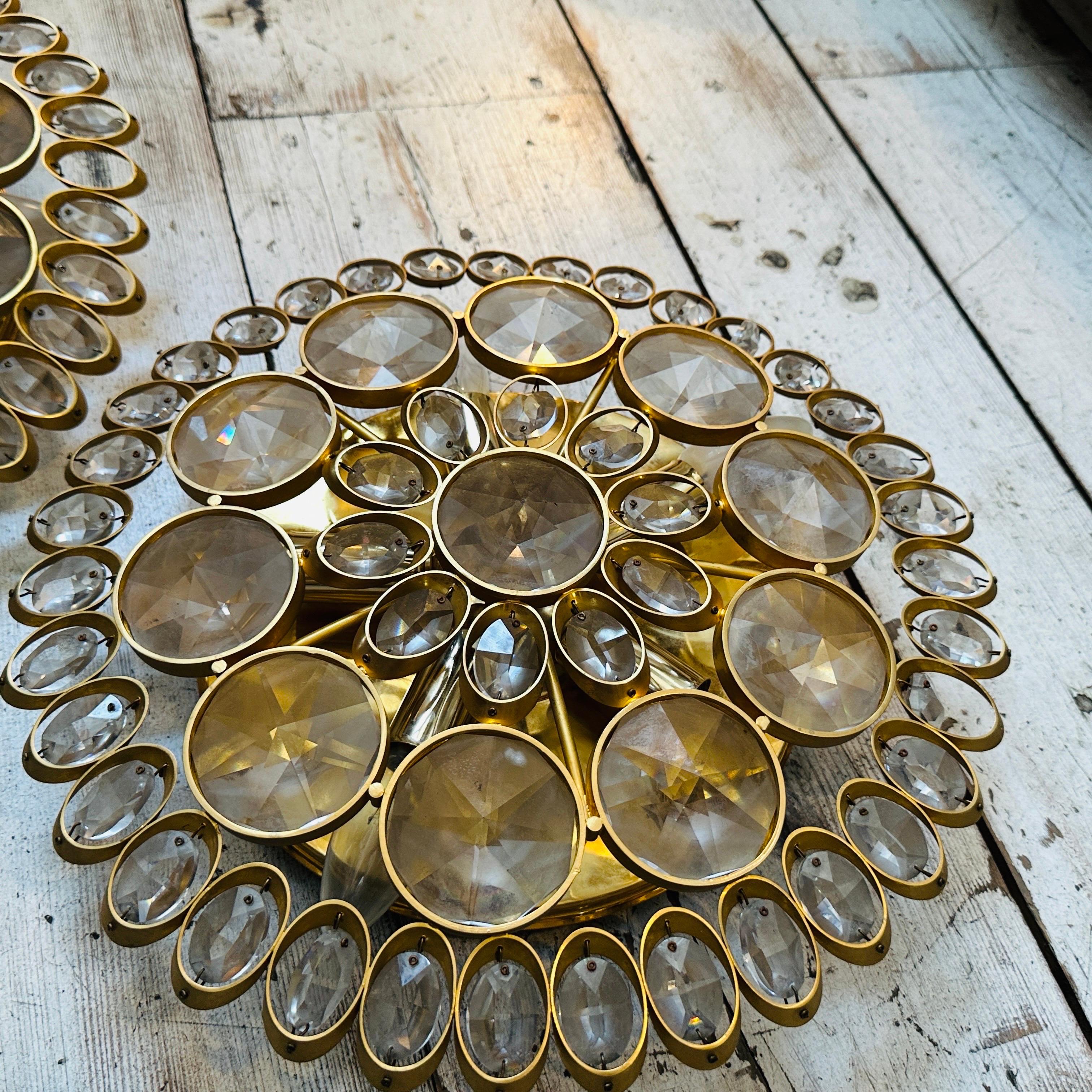 Two 1960s Mid-Century Modern Brass and Glass Wall Sconces or Ceiling Lights For Sale 4