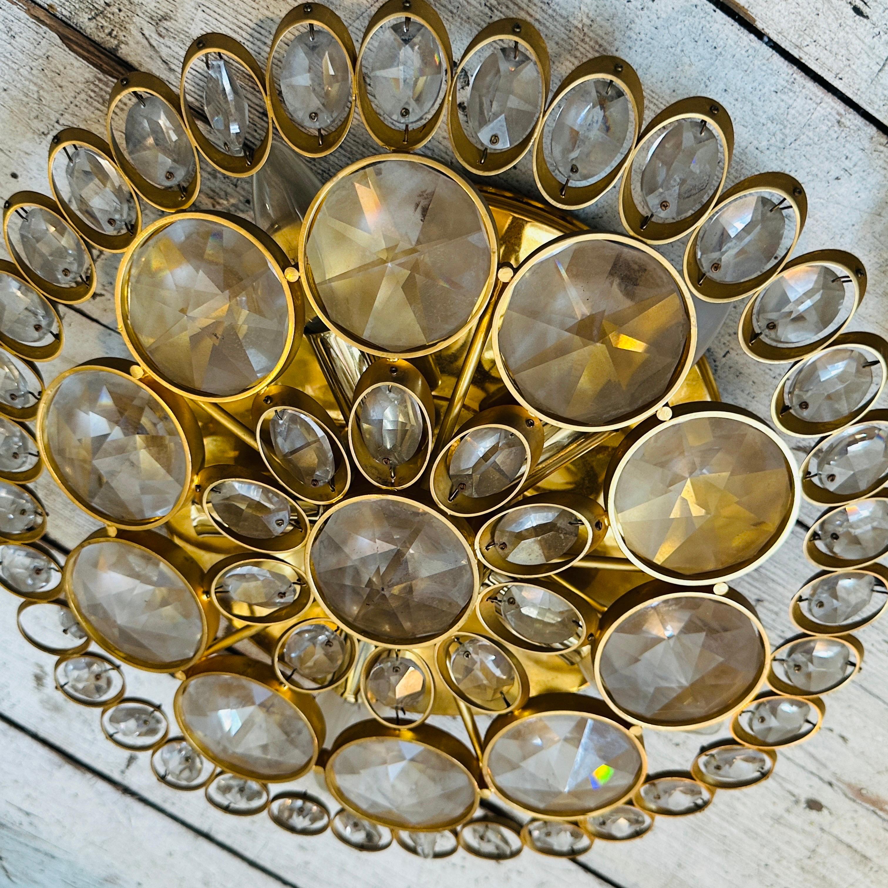 Two 1960s Mid-Century Modern Brass and Glass Wall Sconces or Ceiling Lights For Sale 6