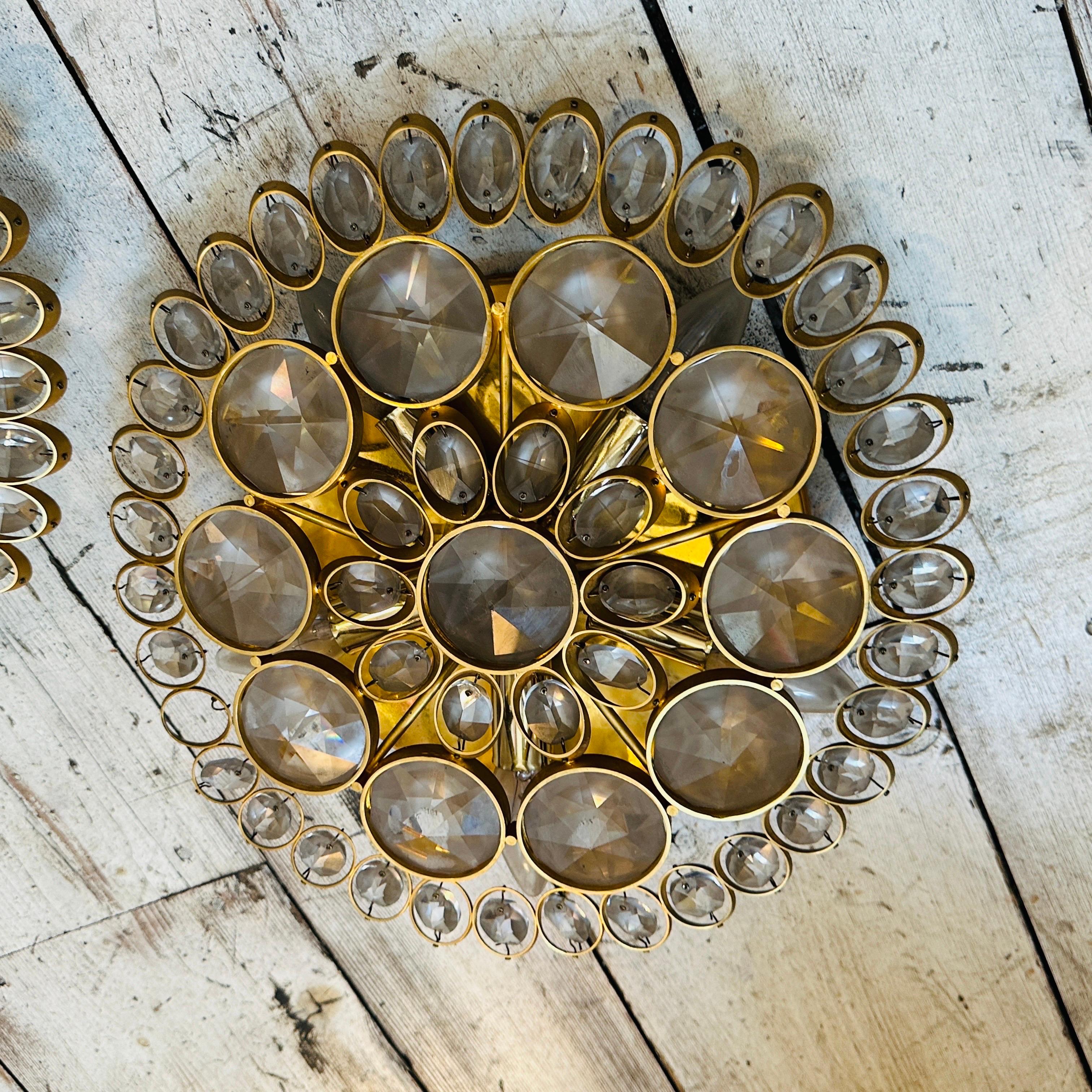 Two 1960s Mid-Century Modern Brass and Glass Wall Sconces or Ceiling Lights For Sale 8