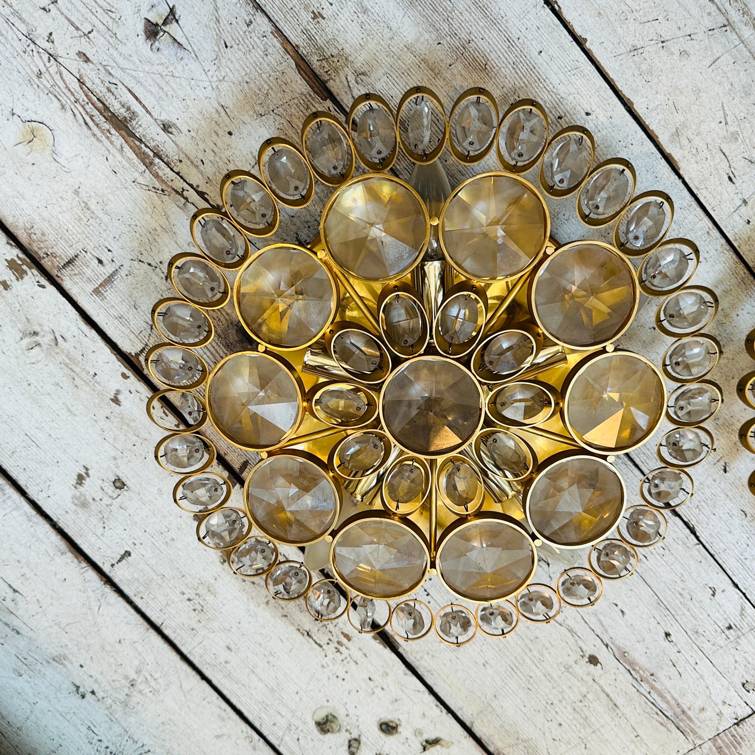 Italian Two 1960s Mid-Century Modern Brass and Glass Wall Sconces or Ceiling Lights For Sale