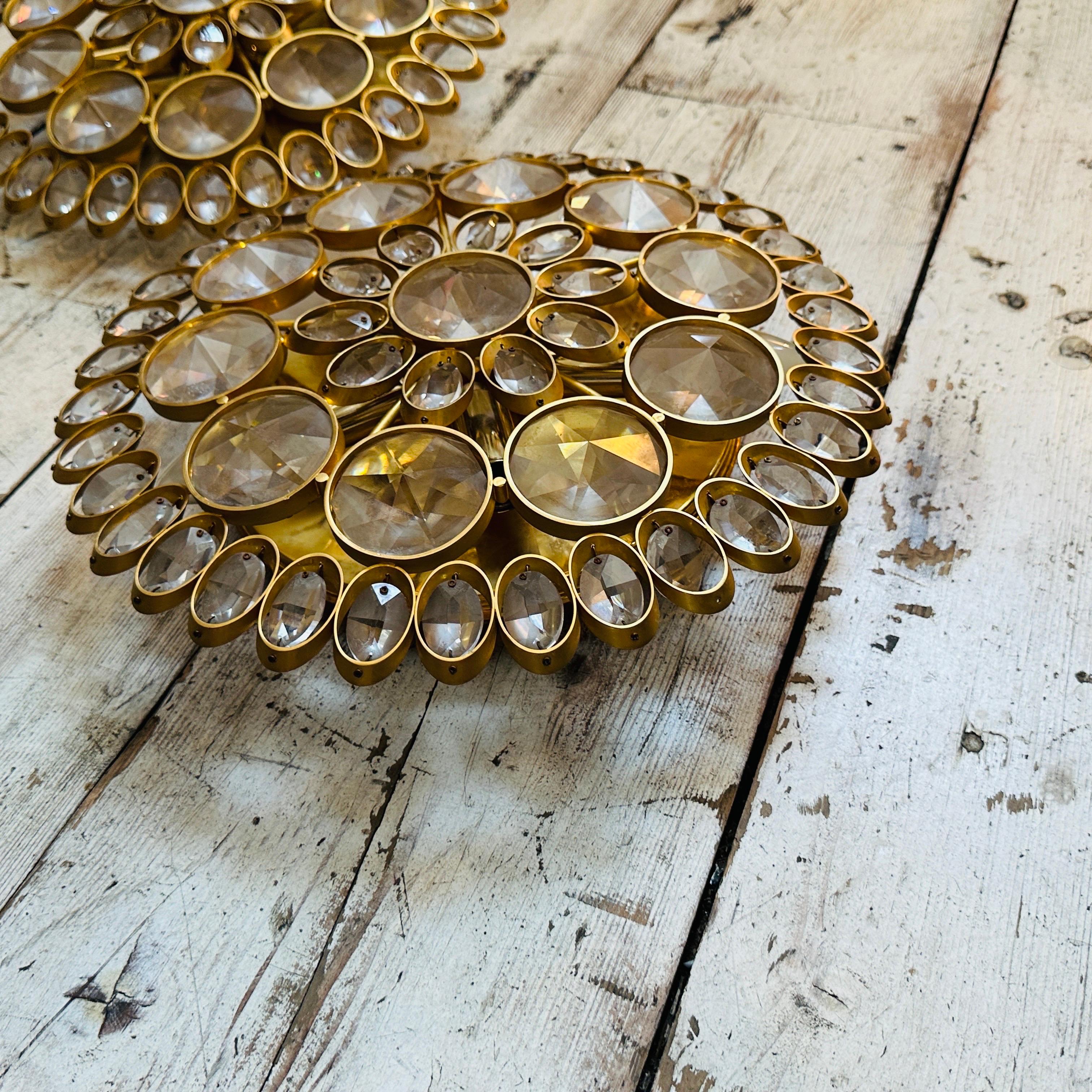 Hand-Crafted Two 1960s Mid-Century Modern Brass and Glass Wall Sconces or Ceiling Lights For Sale
