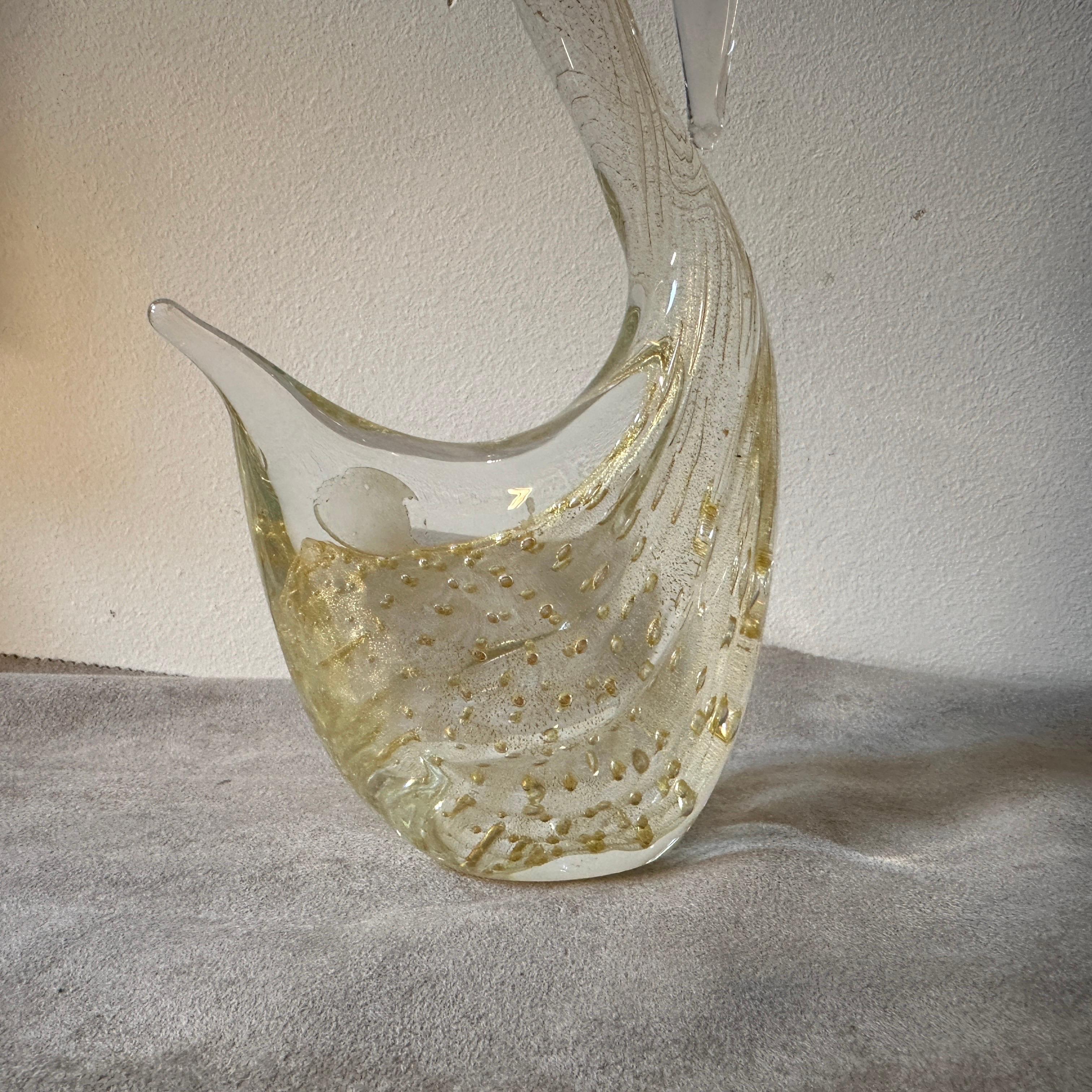 Italian Two 1960s Modernist Clear and Gold Murano Glass Sculptures of Swan For Sale