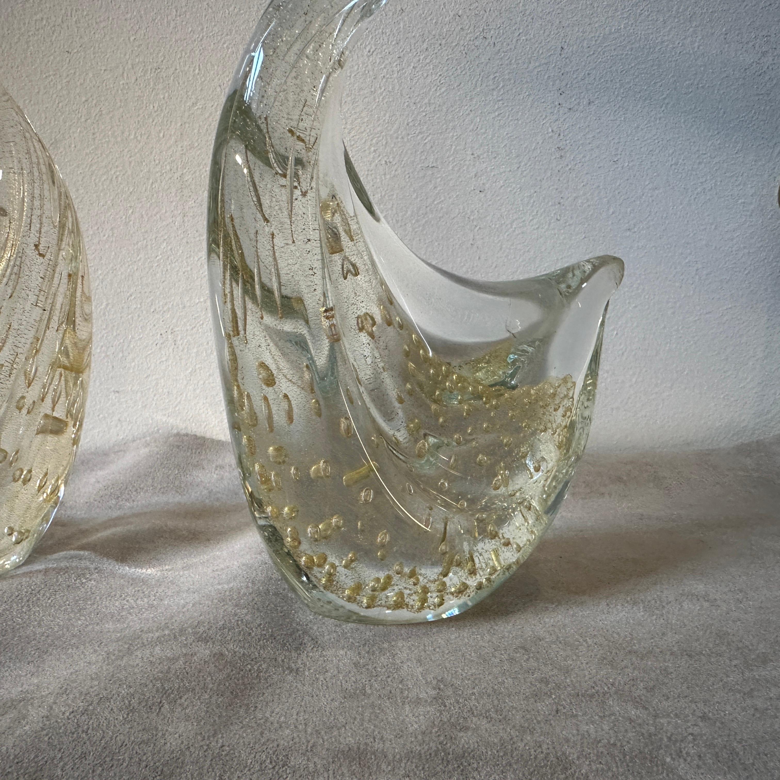 Hand-Crafted Two 1960s Modernist Clear and Gold Murano Glass Sculptures of Swan For Sale