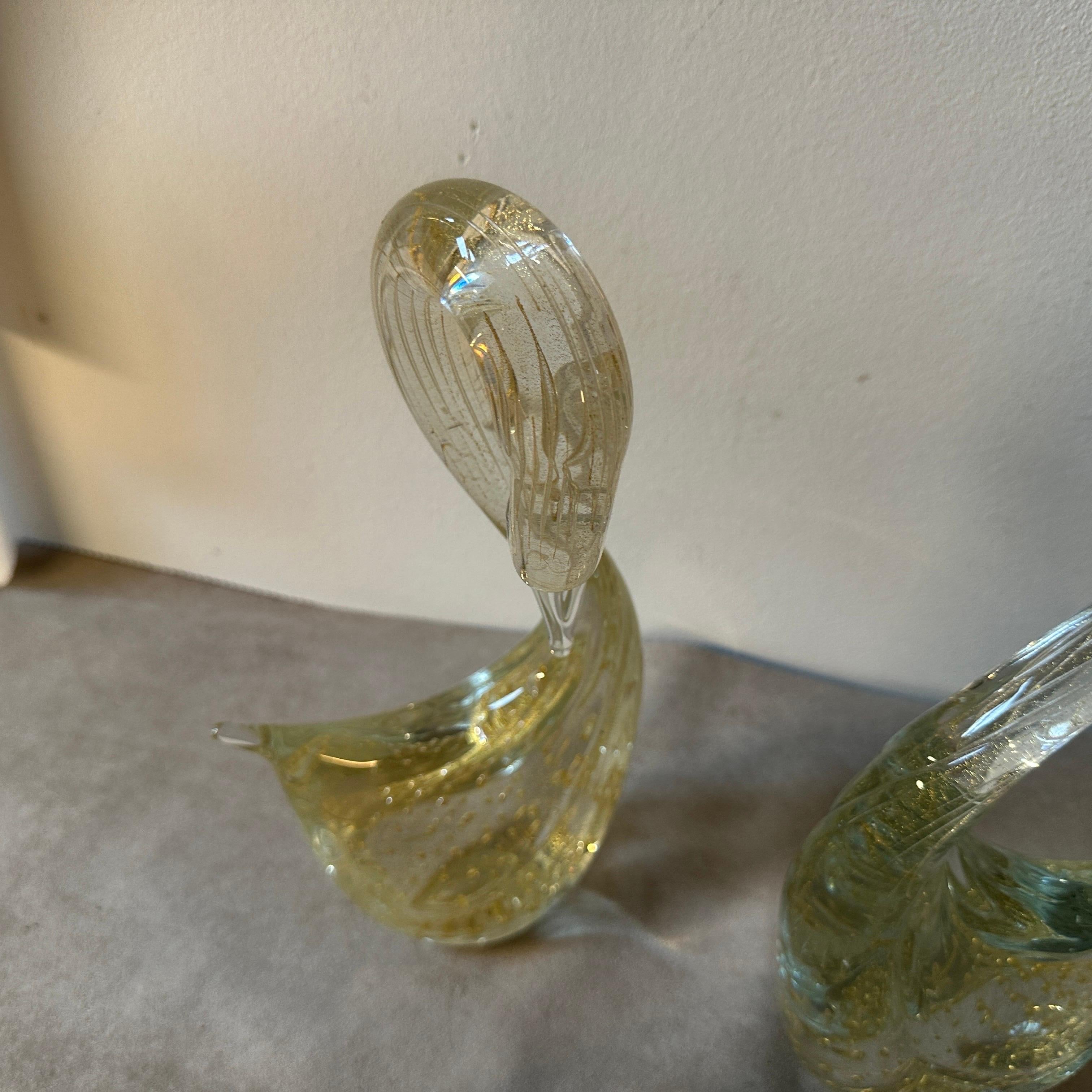 20th Century Two 1960s Modernist Clear and Gold Murano Glass Sculptures of Swan For Sale