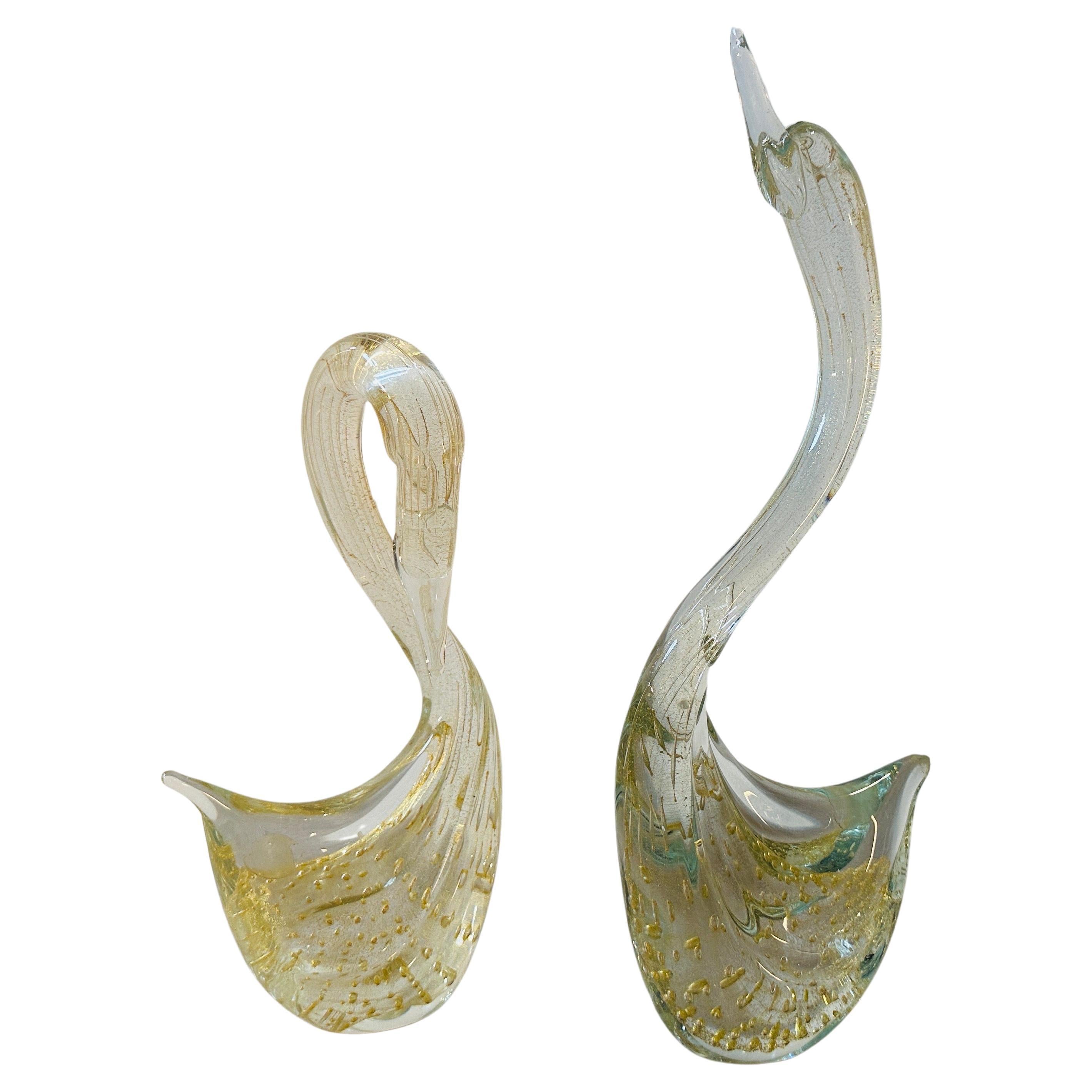 Two 1960s Modernist Clear and Gold Murano Glass Sculptures of Swan For Sale