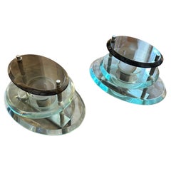 Two 1960s Space Age Heavy Glass and Chromed Metal Oval  Wall Sconces by Veca