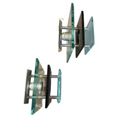 Two 1960s Space Age Steel and Heavy Glass Wall Sconces by Veca