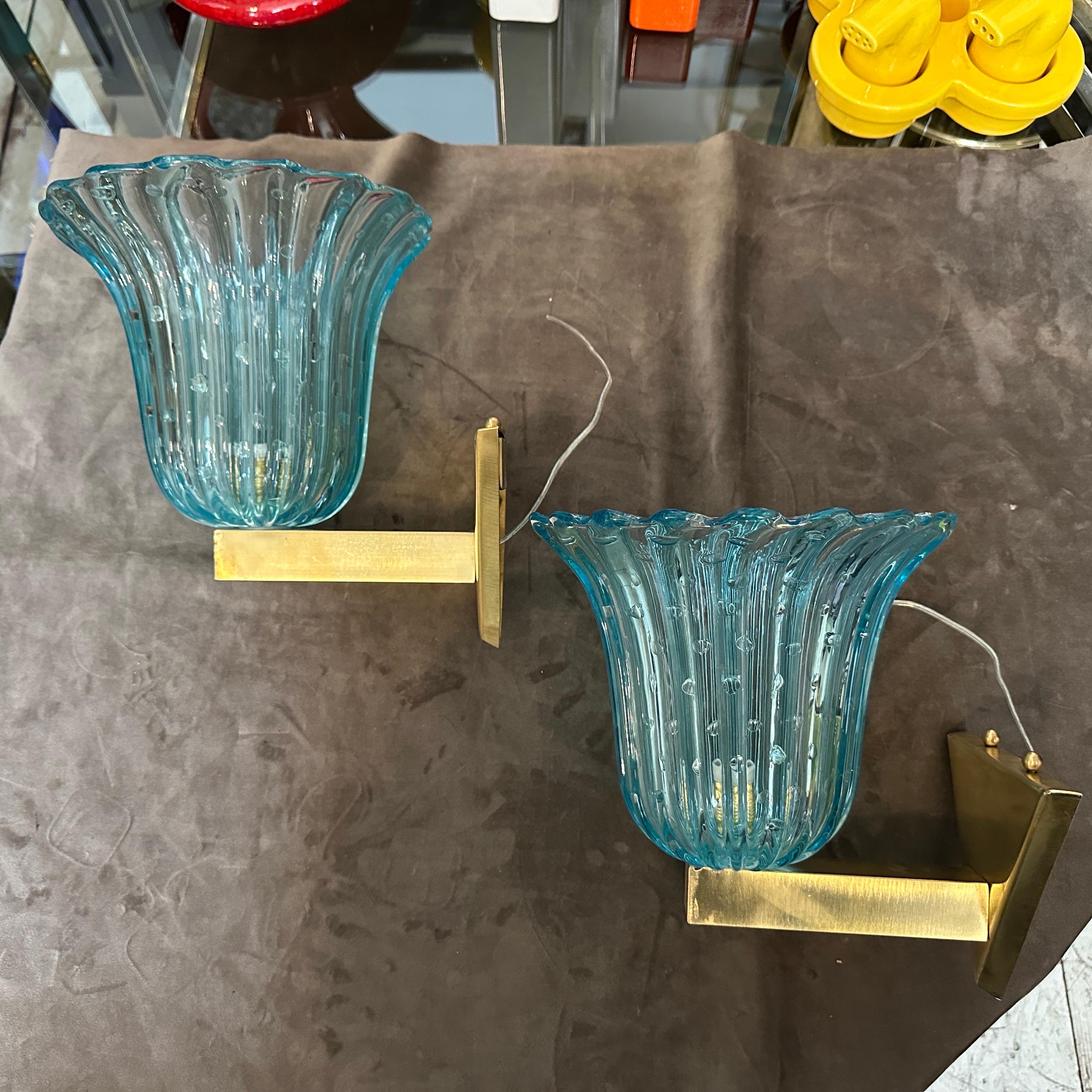 Zwei 1970er Barovier Stil Mitte des Jahrhunderts Modern Blau Murano Glas Wandleuchten im Angebot 6