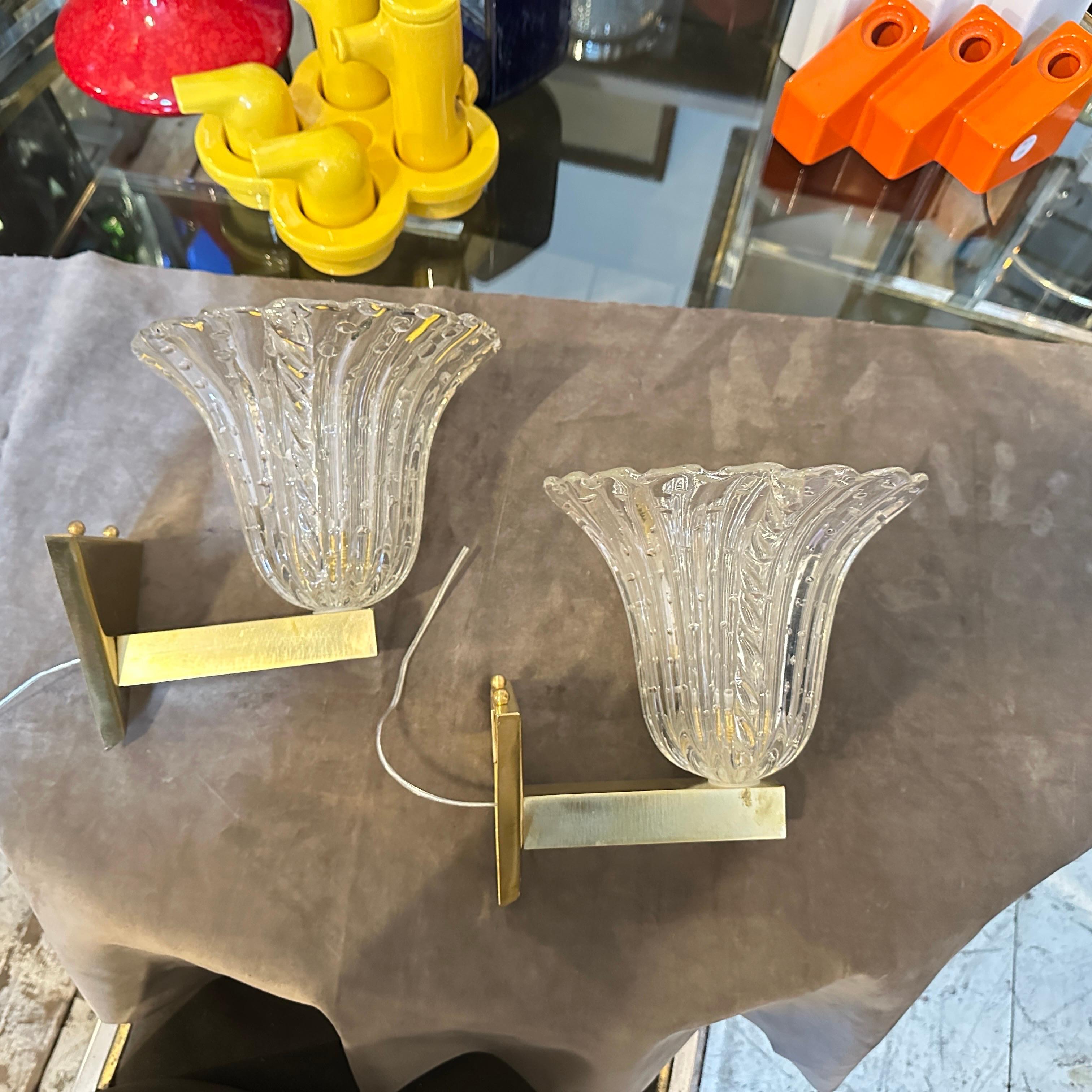 Two 1970s Barovier Style Mid-century Modern Blue Murano Glass Wall Sconces For Sale 6