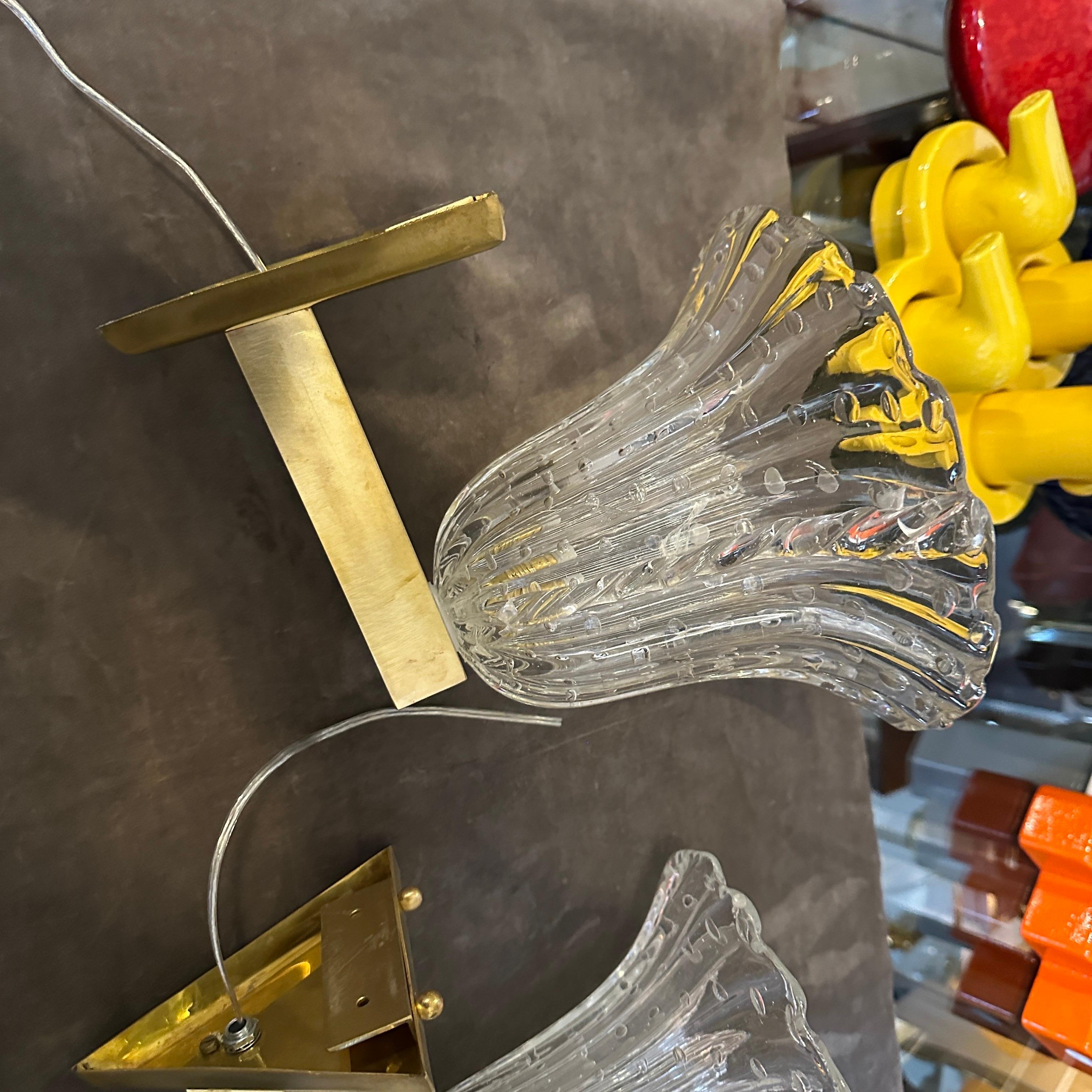 Brass Two 1970s Barovier Style Mid-century Modern Blue Murano Glass Wall Sconces For Sale