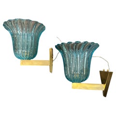 Vintage Two 1970s Barovier Style Mid-century Modern Blue Murano Glass Wall Sconces