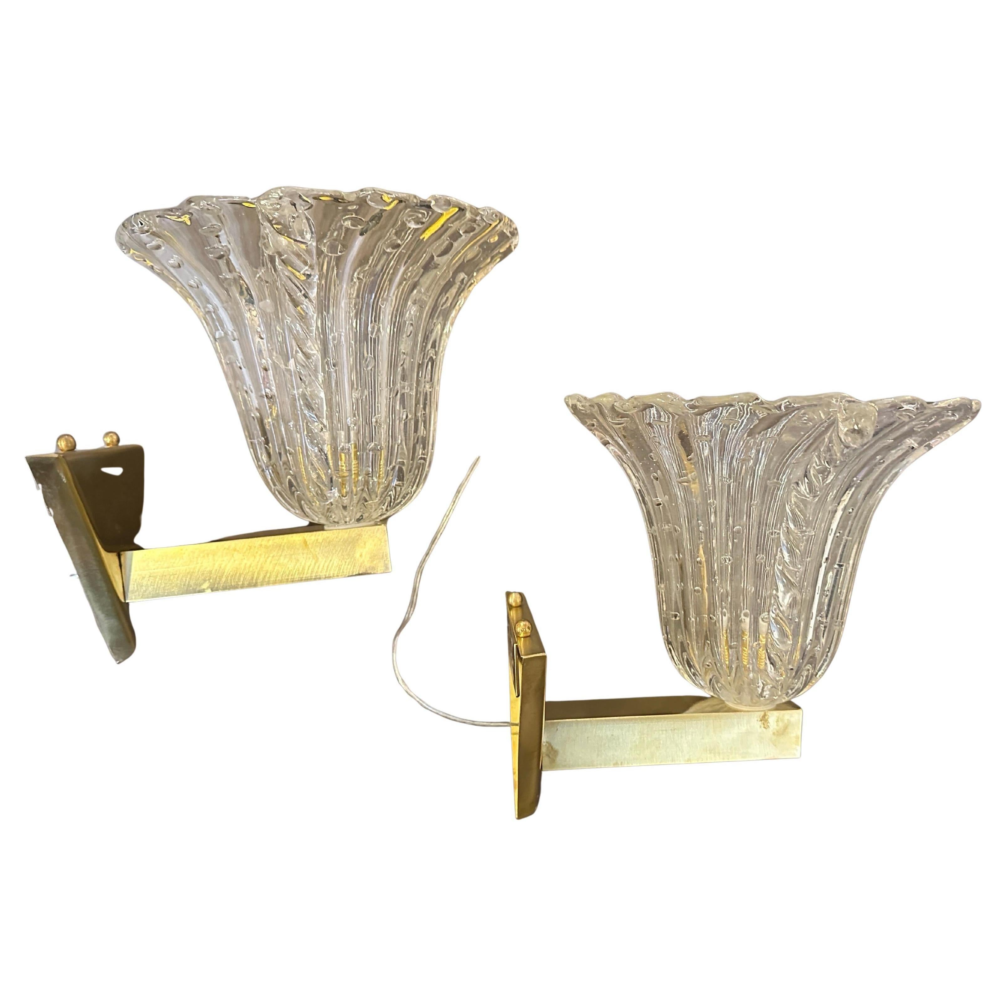 Two 1970s Barovier Style Mid-century Modern Blue Murano Glass Wall Sconces