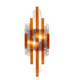 Two 1970s Brutalist Amber and Clear Stacked Glass Linea Wall Sconce by Poliarte