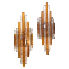 Two 1970s Brutalist Amber and Clear Stacked Glass Linea Wall Sconce by Poliarte