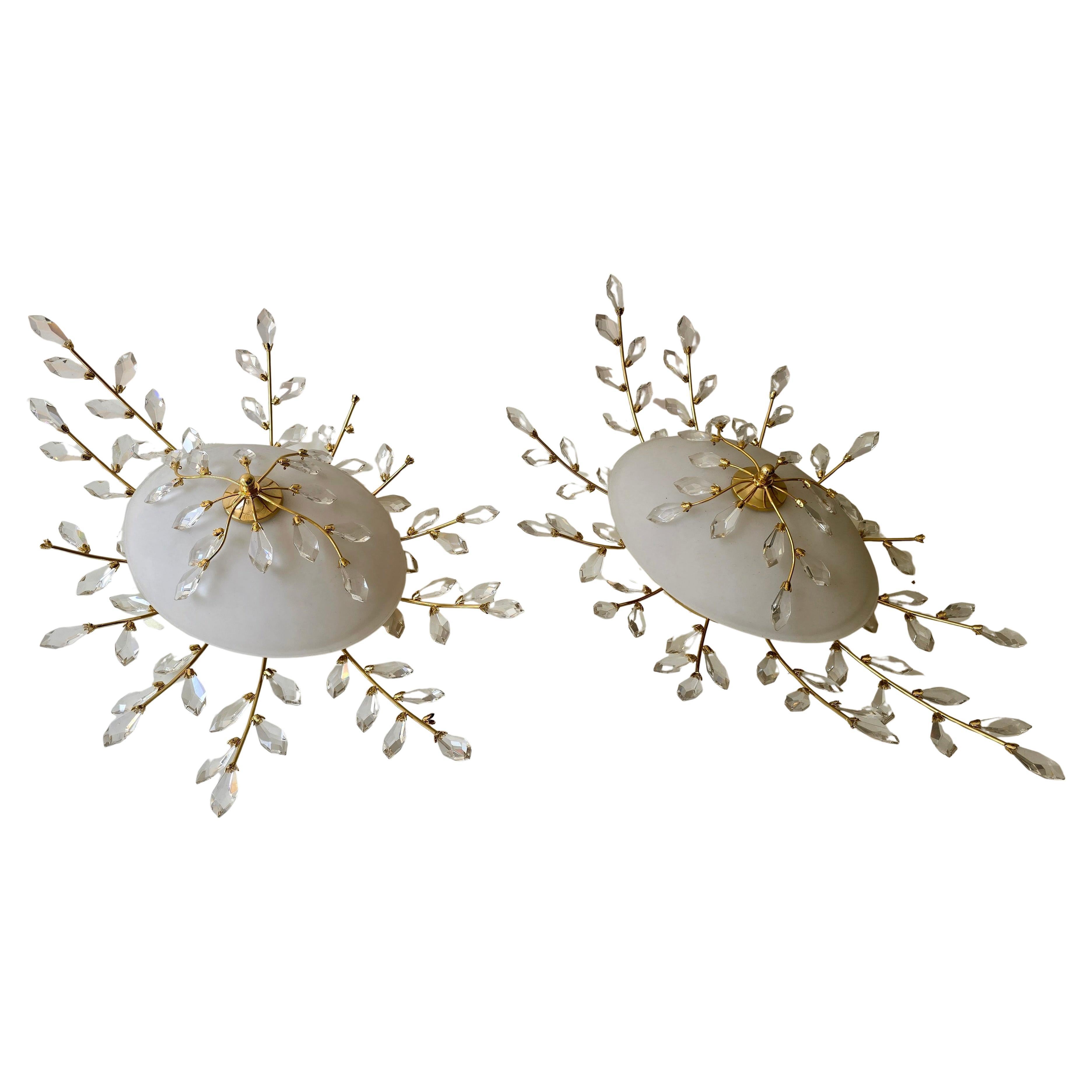 Hollywood Regency Two Oval Mid-Century Flush Mount Ceiling Lights in Brass, Crystal and Glass For Sale