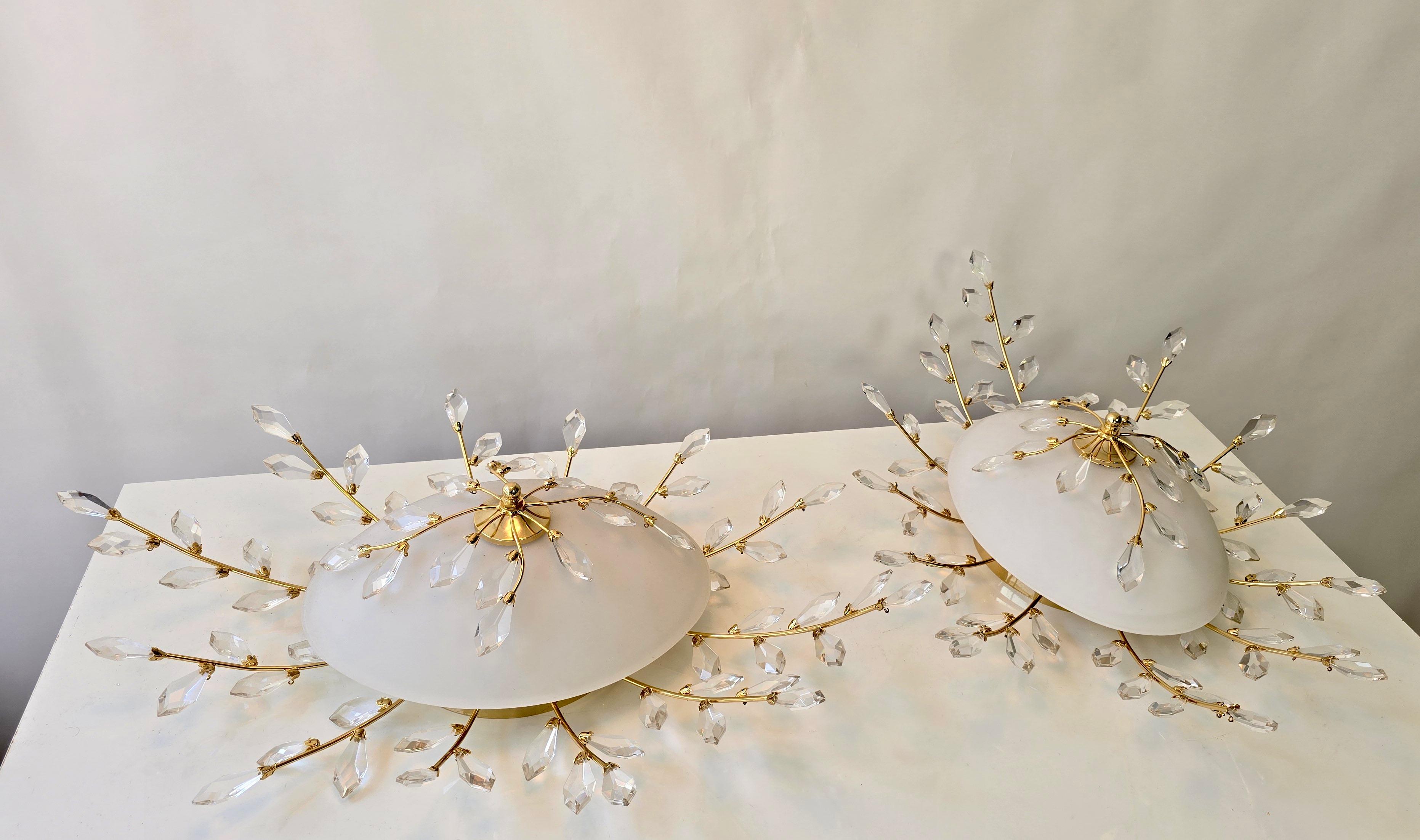 Italian Two Oval Mid-Century Flush Mount Ceiling Lights in Brass, Crystal and Glass For Sale