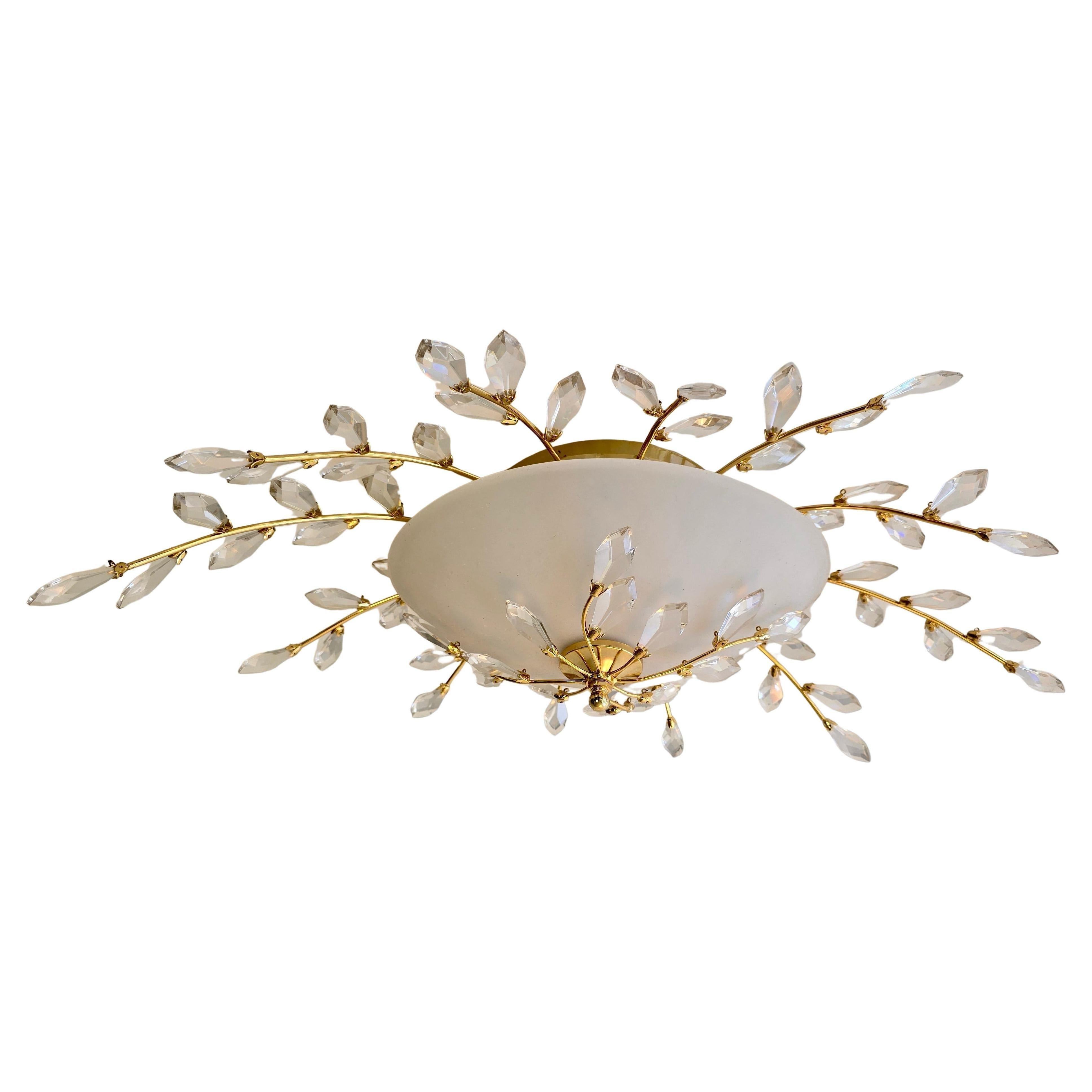 Two Oval Mid-Century Flush Mount Ceiling Lights in Brass, Crystal and Glass For Sale