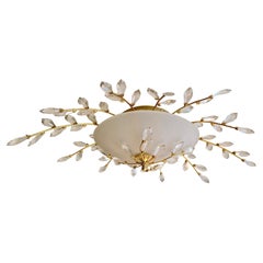 Two Oval Mid-Century Flush Mount Ceiling Lights in Brass, Crystal and Glass