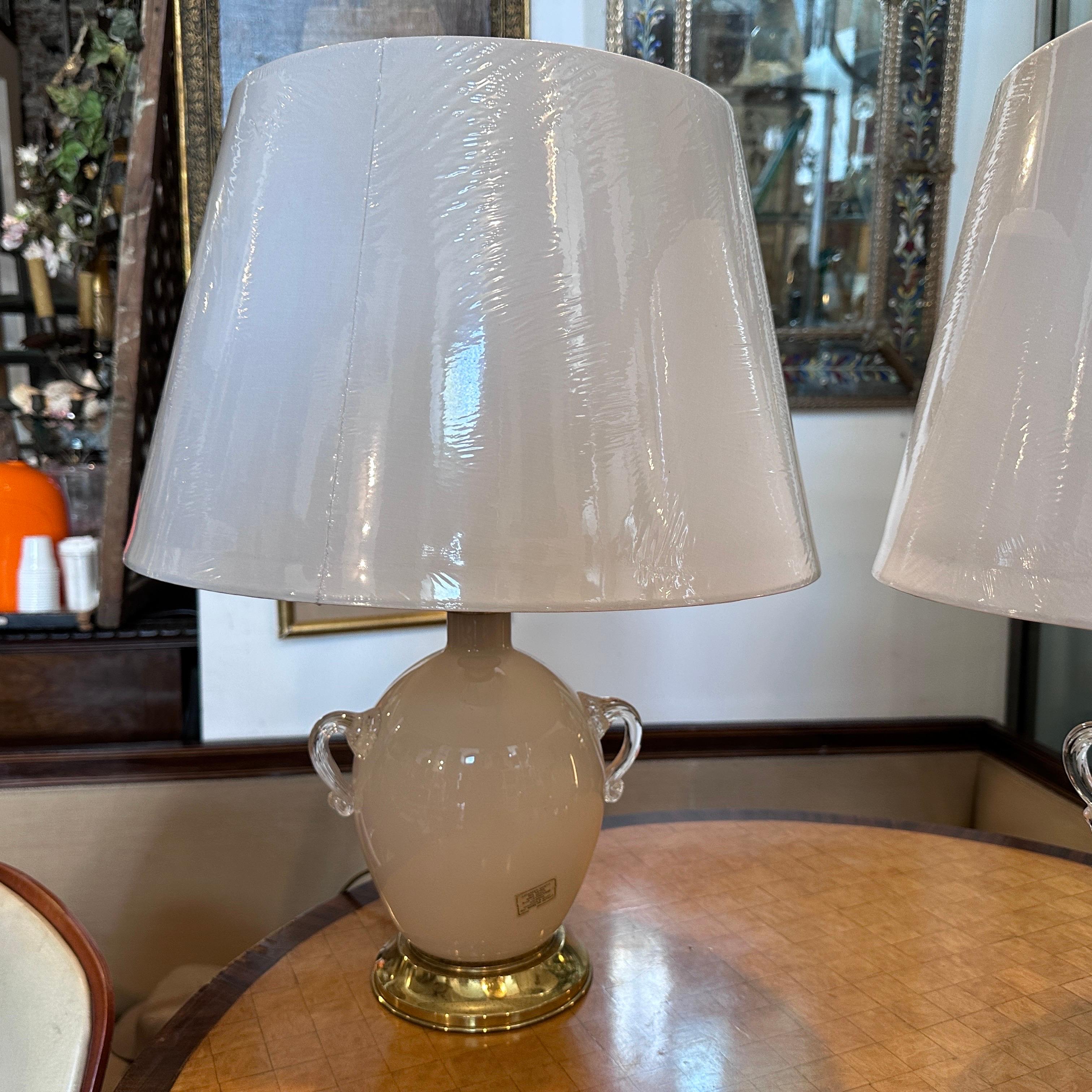 Brass Two 1970s Hollywood Regency Light Pink Murano Glass Table Lamps by Tommaso Barbi For Sale