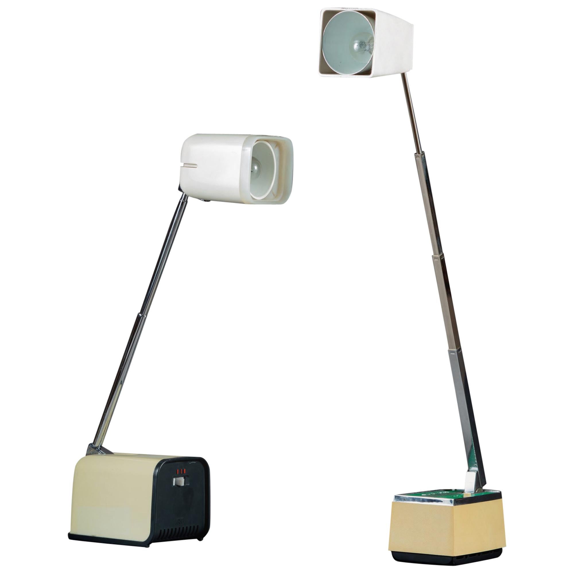 Two 1970s Microlite Collapsible and Folding Desk Lamps with Polished Steel Stems