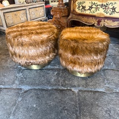 Two 1970s Mid-Century Modern Brass and Fabric Poufs " Him and Her "