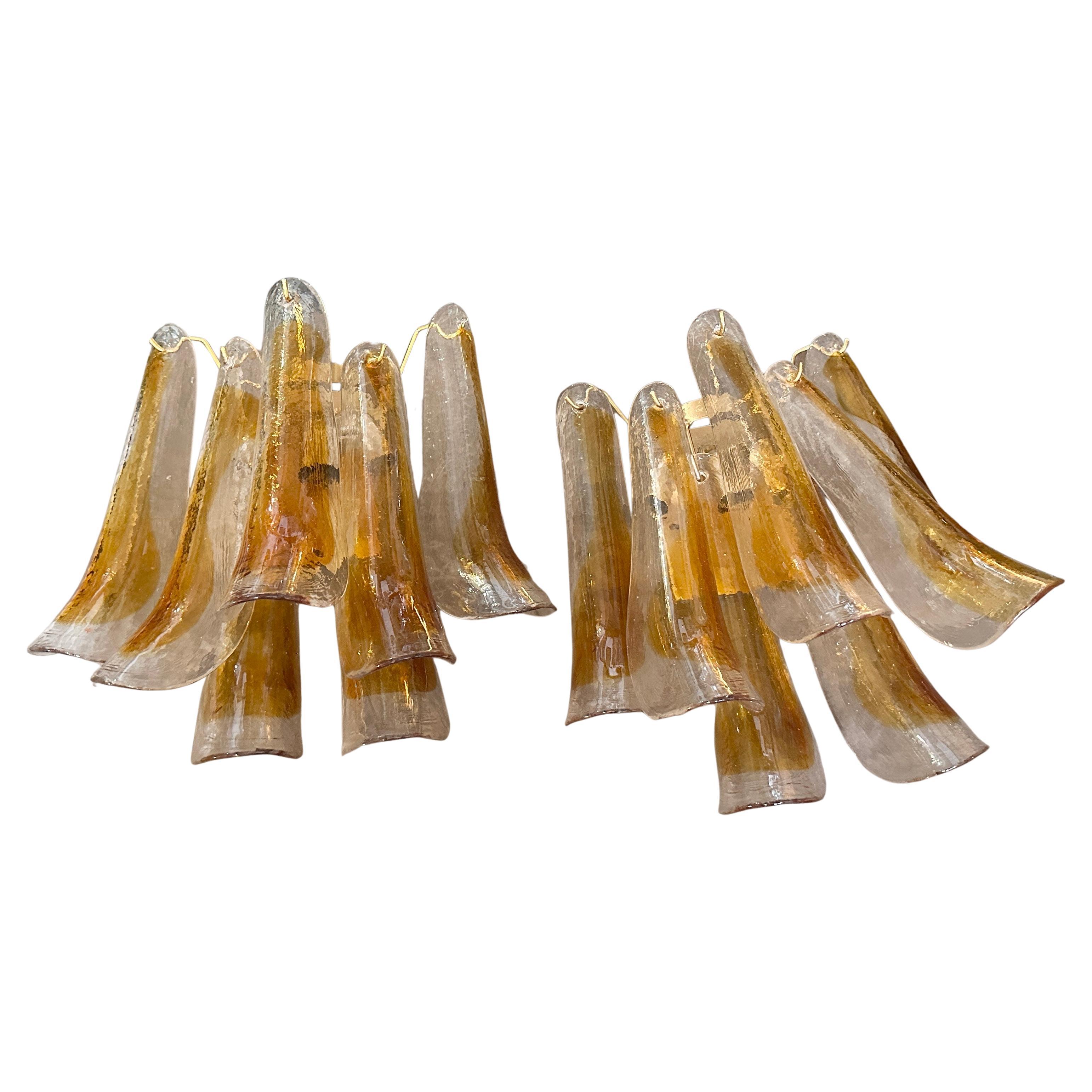 Two 1970s Mid-Century Modern Clear and Brown Petal Murano Glass Wall Sconces