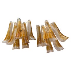 Vintage Two 1970s Mid-Century Modern Clear and Brown Petal Murano Glass Wall Sconces