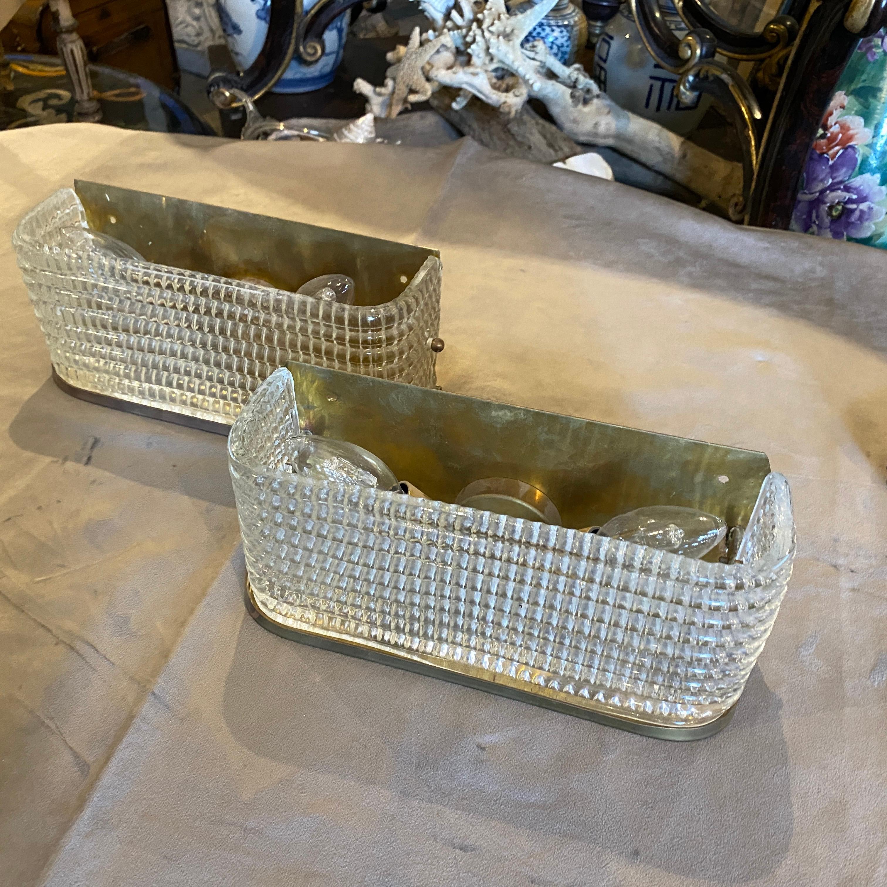 Two 1970s Mid-Century Modern Italian Brass and Glass Rectangular Wall Sconces 4