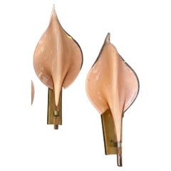 Vintage Two 1970s Mid-Century Modern Pink Murano Glass Leaf Wall Sconces by Franco Luce