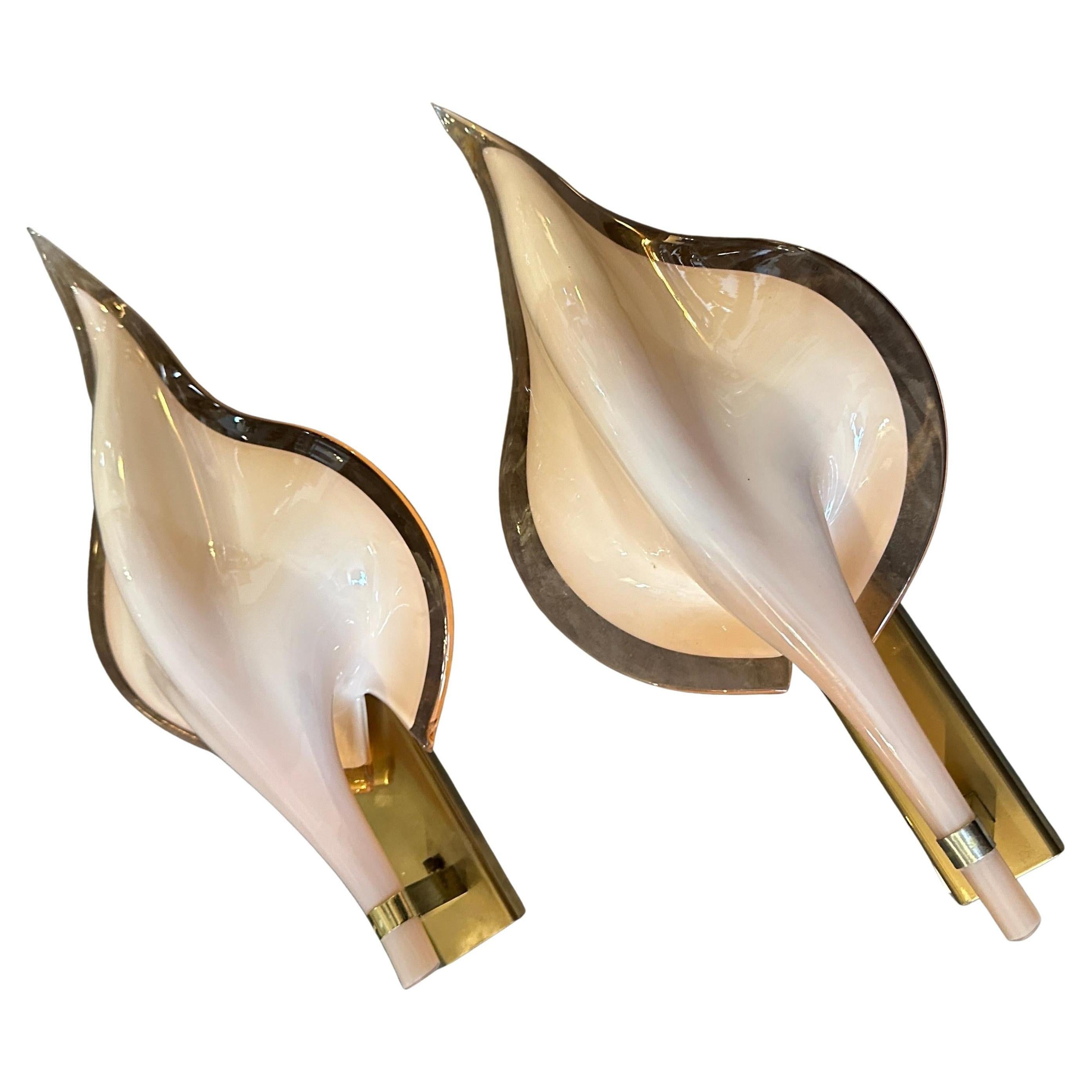 Two 1970s Mid-Century Modern Pink Murano Glass Leaf Wall Sconces by Franco Luce