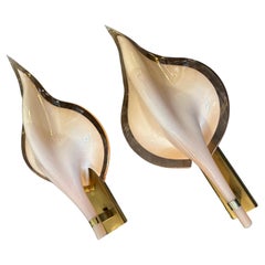 Vintage Two 1970s Mid-Century Modern Pink Murano Glass Leaf Wall Sconces by Franco Luce