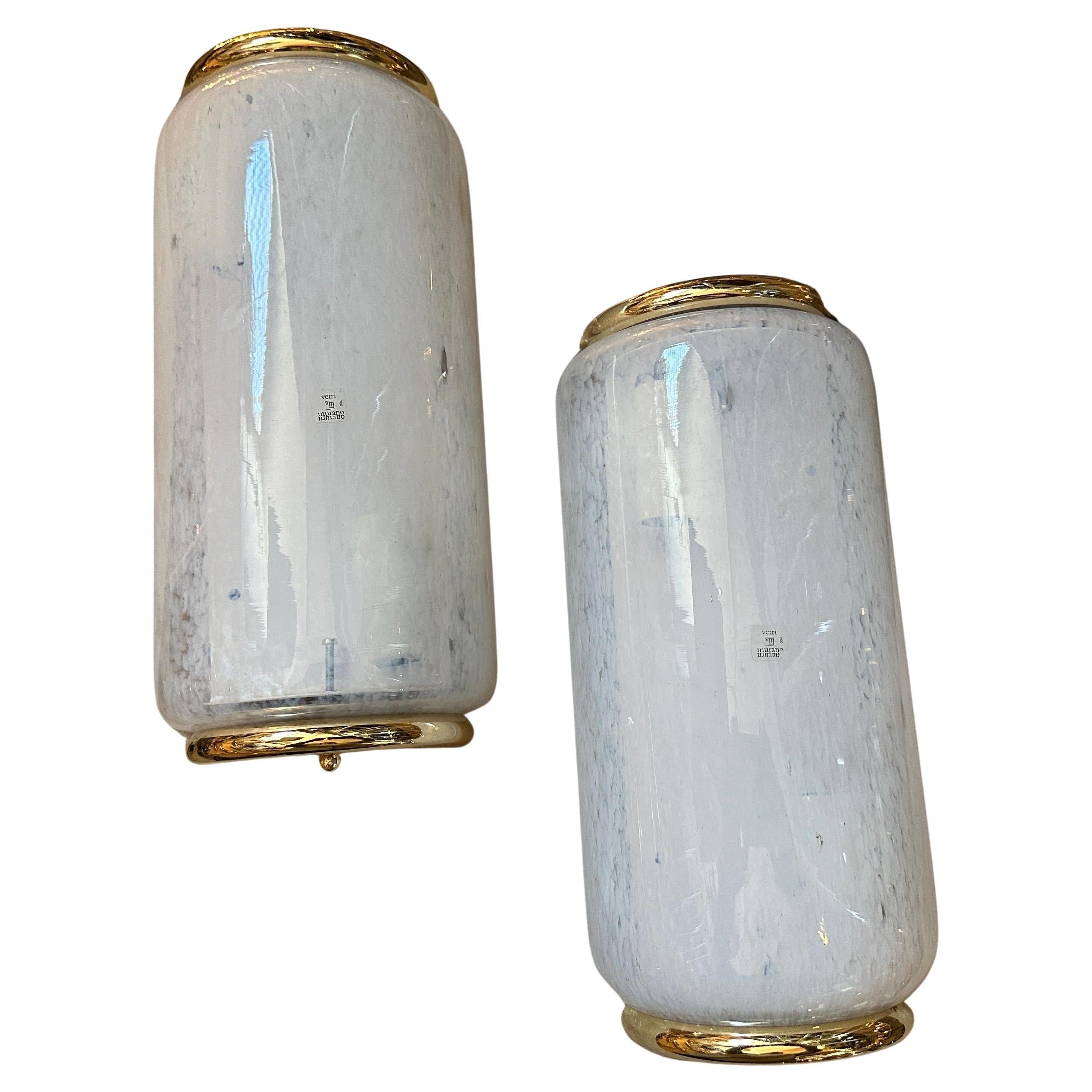 Two 1970s Mid-Century Modern White Murano Glass Rectangular Wall Sconces For Sale