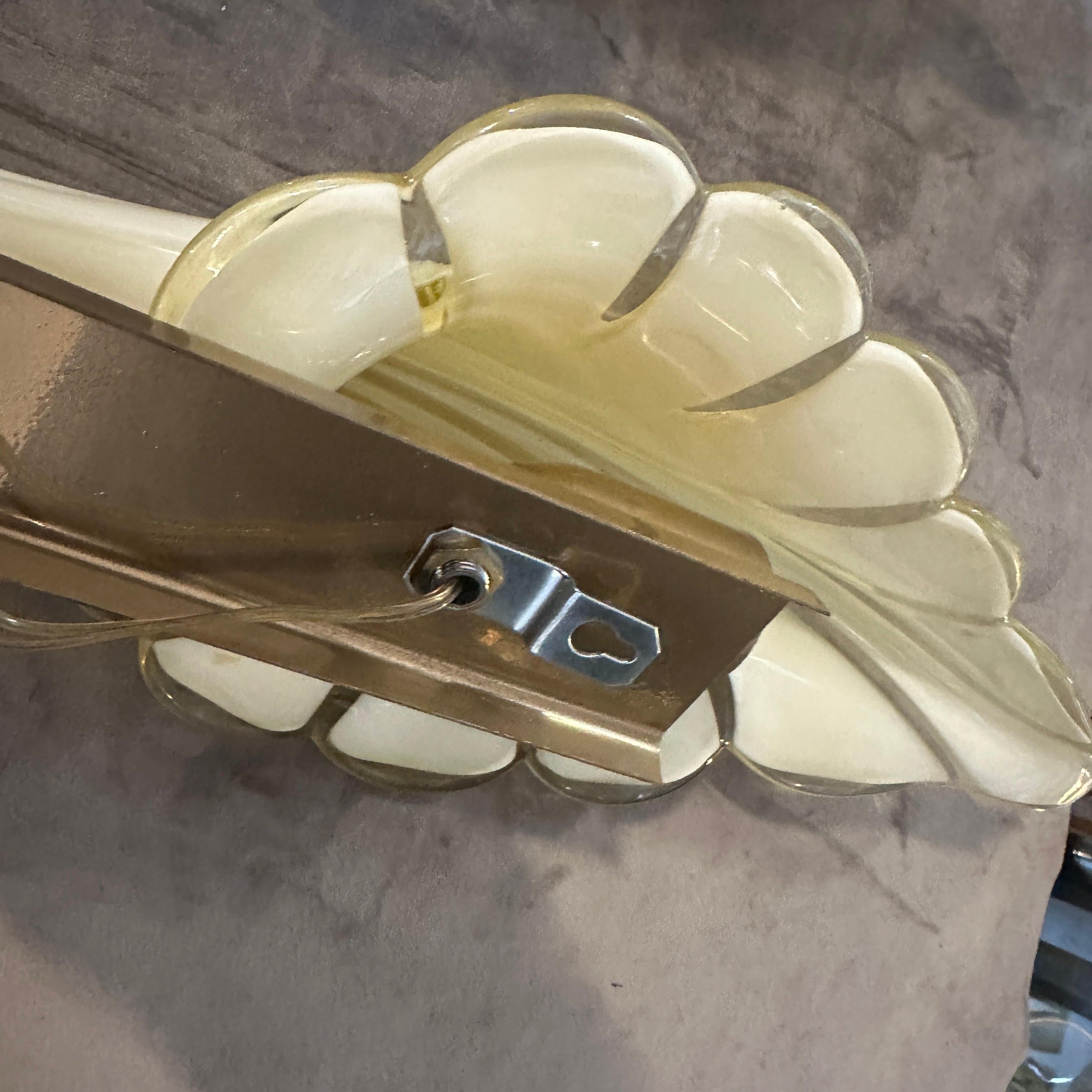 Two 1970s Mid-Century Modern Yellow Murano Glass Leaf Wall Sconce by Franco Luce For Sale 3